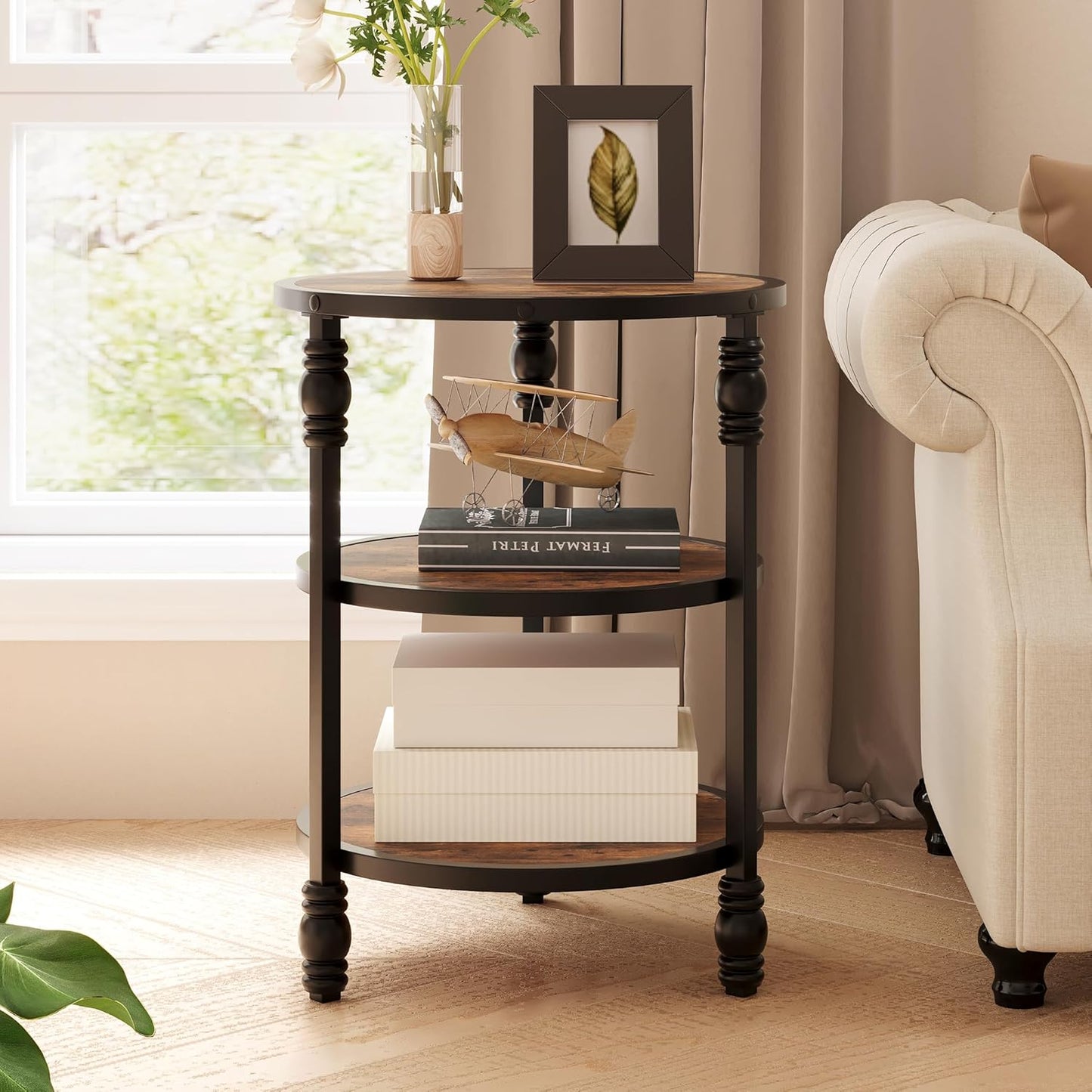 GarveeHome Round End Table with Storage Shelves, 3-Tier Round Farmhouse Side Table w/Mental Support Legs, Rustic End Table Accent Nighstands for Living Room Bedroom (B, Rustic Brown)