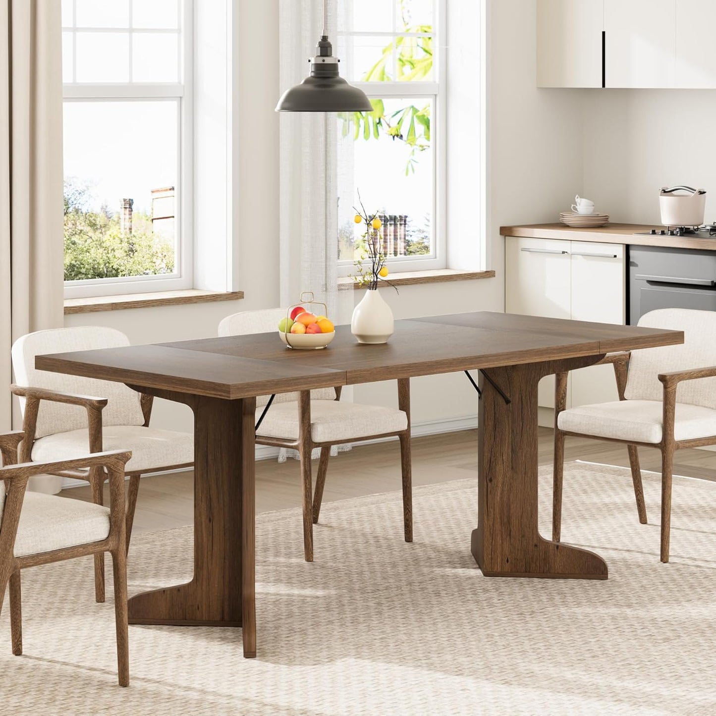 71" Large Dining Table for 6, Farmhouse Kitchen Table with Padded Top and Unique V-Shaped Feet, Rectangular Wooden Dining Table for 8 People for Home, Dining Room, Kitchen, Office, Walnut