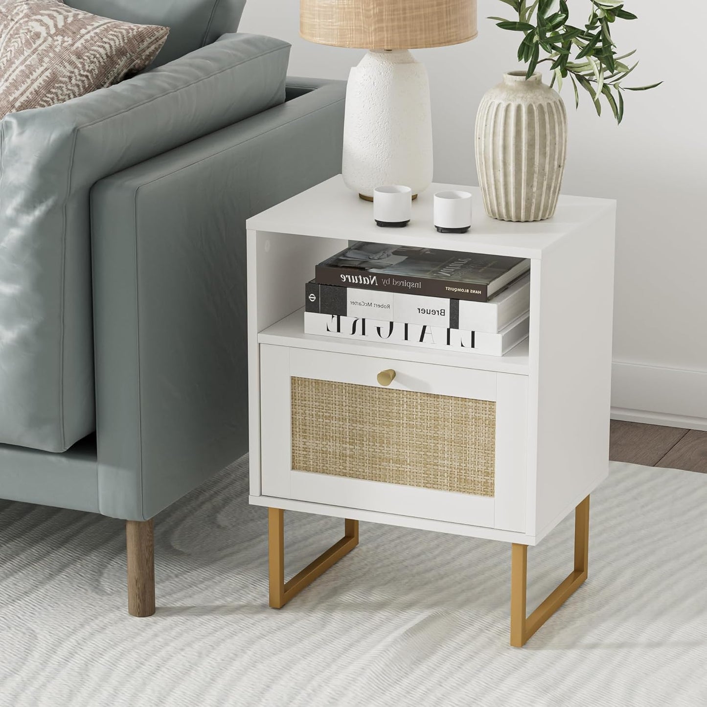Masupu Extra Large Rattan Nightstand,Boho Night Stand Modern Farmhouse Wood Bedside Table with Storage Drawer and Open Shelf,Side End Table for Bedroom,Living Room,Office White