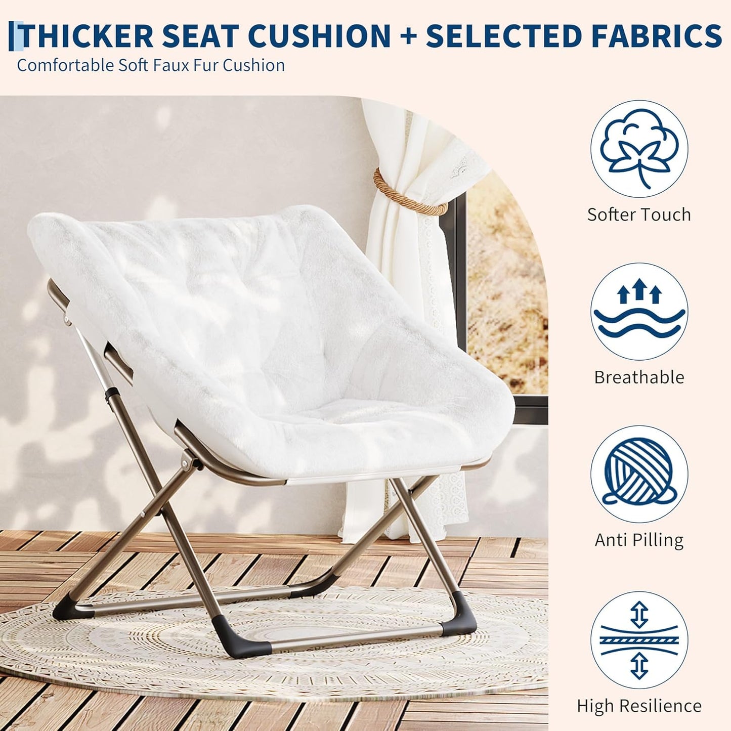 Comfy Chair for Adults, Foldable Living Room Chairs, Soft Faux Fur Folding Lounge for Bedroom Living Room Dorm Rooms, Flexible Reading Chair for Teens (1, White, X-Large)