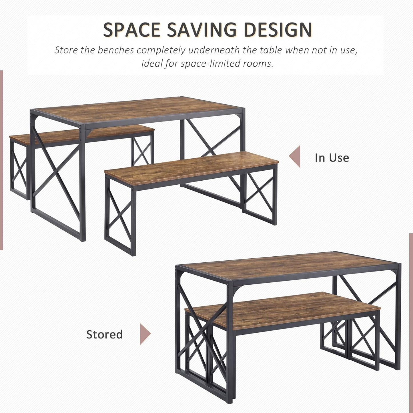 VECELO Kitchen Dining Table Set for 4 to 6, 55" Wood Dinette 2 Benches with Metal Frame for Dinner Breakfast Nook and Small Space, Brown