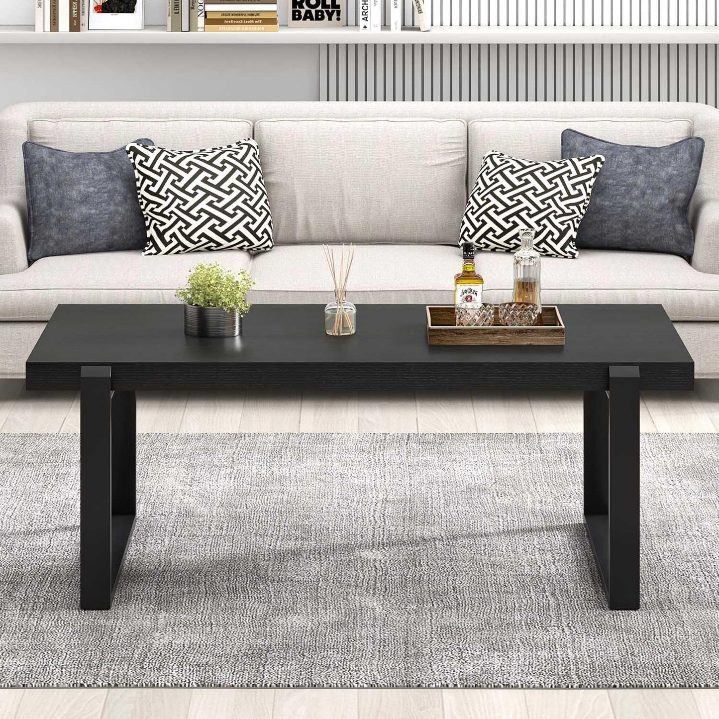 FOLUBAN Black Coffee Table, Modern Industrial Wood and Metal Center Table, Rectangle Cocktail Tea Table for Living Room, 47 Inch