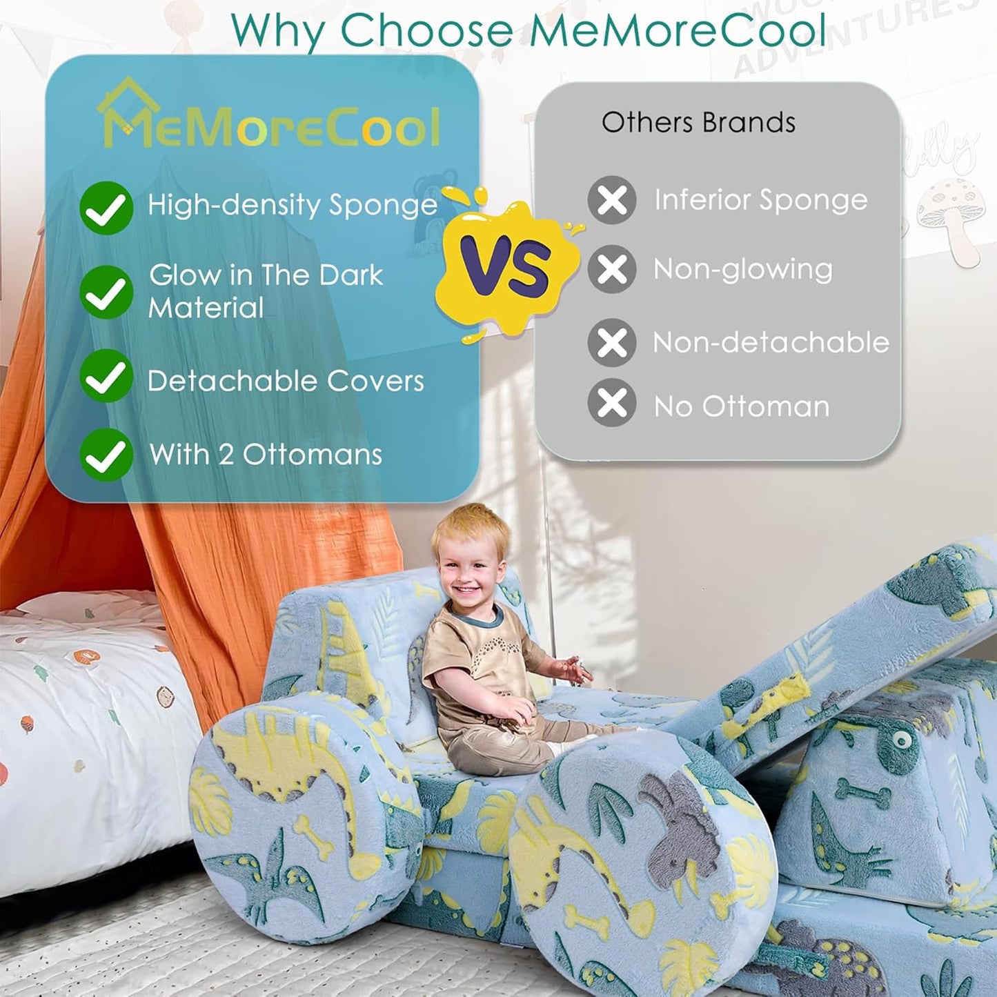 MeMoreCool Modular Glow Sofa for Kids, 8-Piece Convertible Foam Couch Play Set with Glowing Dinosaur Design for Toddlers and Playroom