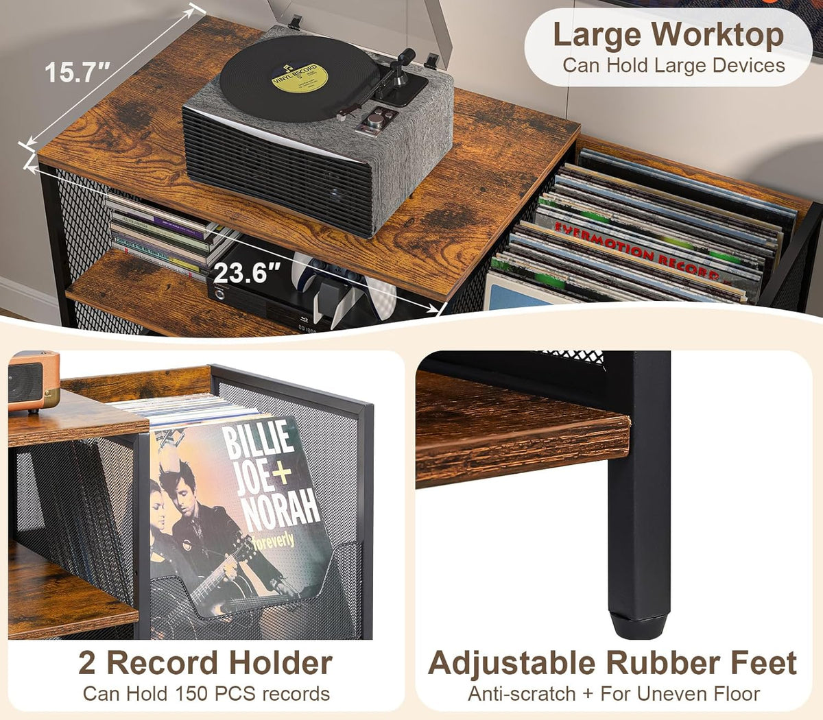 Large Record Player Stand Table with vinyl record holder, AV Media Stand With Charging Station & USB Ports, Stereo Cabinet Stand with Led Strip Light, Sturdy, Adjustable Feet, Rustic, Large Capacity