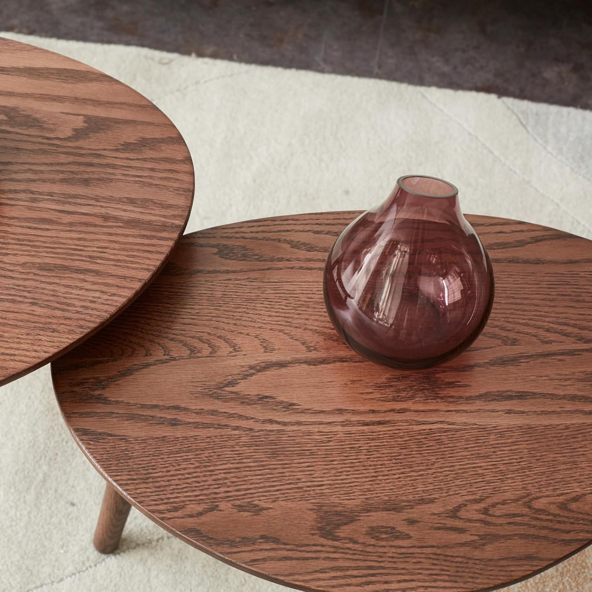 Small Oval Nesting Table, Mid Century Coffee Tables for Living Room,Solid Oak Wood Side Table,Triangle Tabletop with 3 Legs,Minimalist Display End Tables (Walnut Color, 3 Pieces)