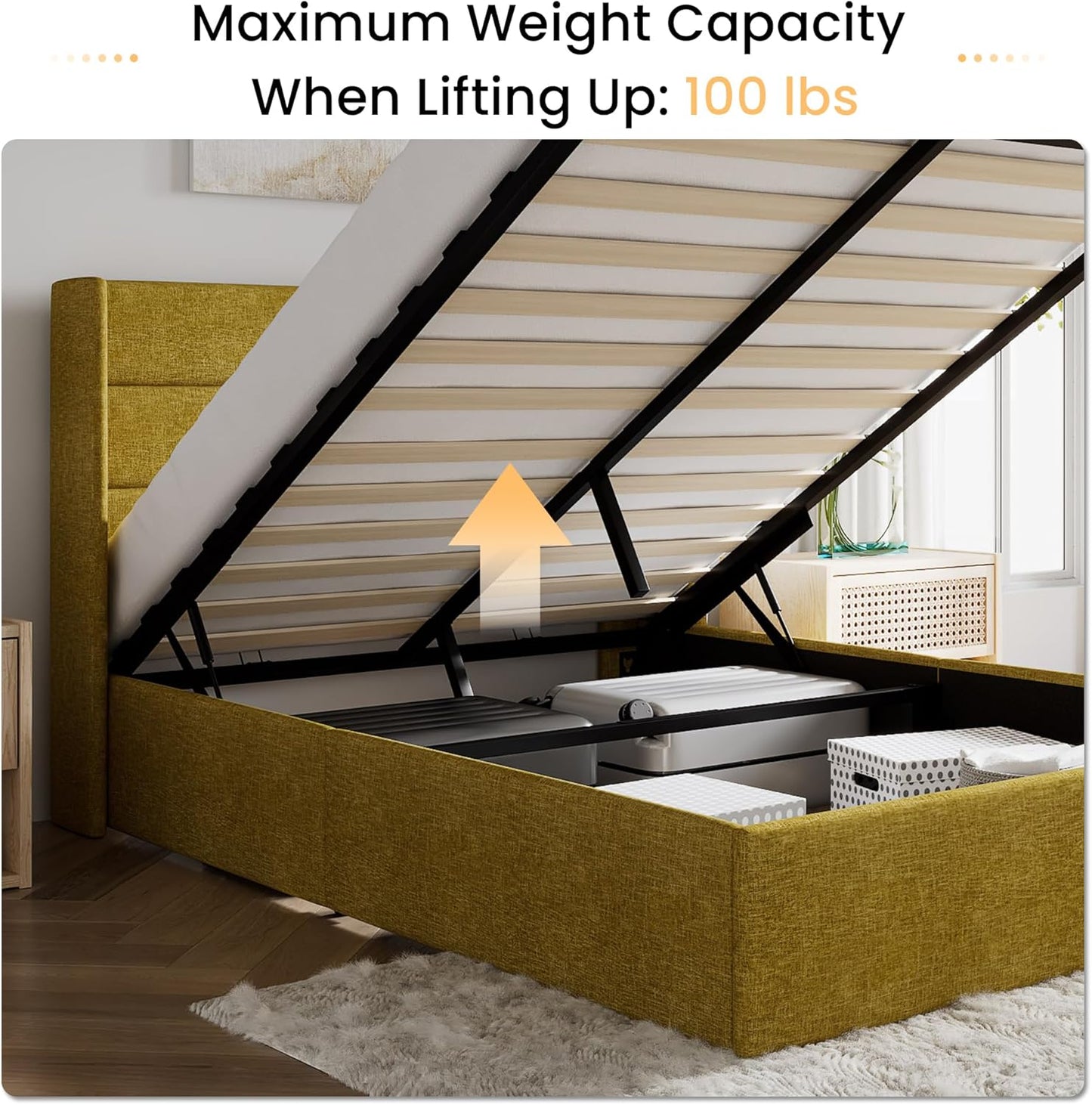 SHA CERLIN Full Size Lift Up Storage Bed/Modern Wingback Headboard/Upholstered Platform Bed Frame/Hydraulic Storage/No Box Spring Needed/Wood Slats Support/Olive Yellow