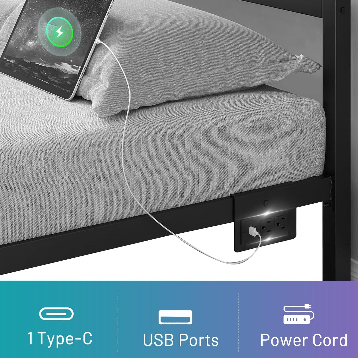 Twin Bed Frame with Headboard,Heavy Duty Steel Slats Support-LED Bed Frame with USB Charging Station,Mattress Foundation-Under Bed Storage,No Box Spring Needed,Noise Free,Black