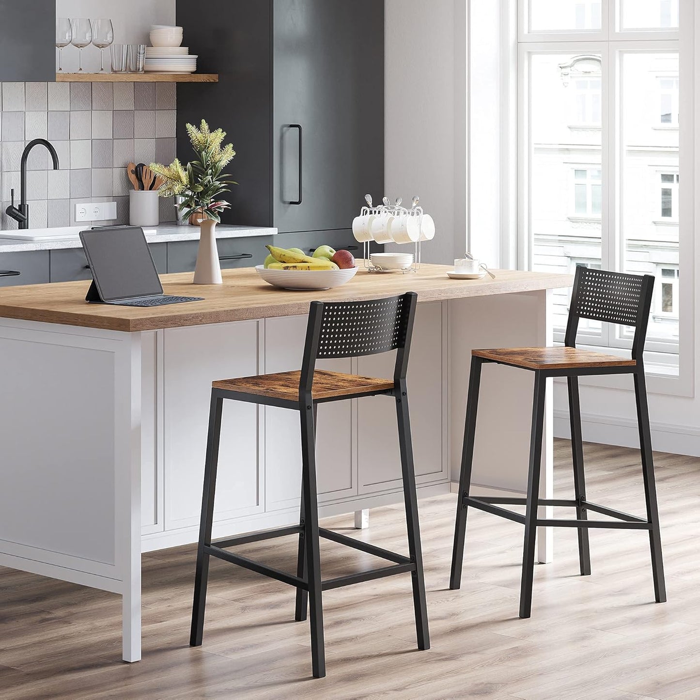 VASAGLE Bar Stools, Set of 2 Bar Chairs, Tall Bar Stools with Backrest, Industrial in Party Room, Rustic Brown and Black ULBC070B01