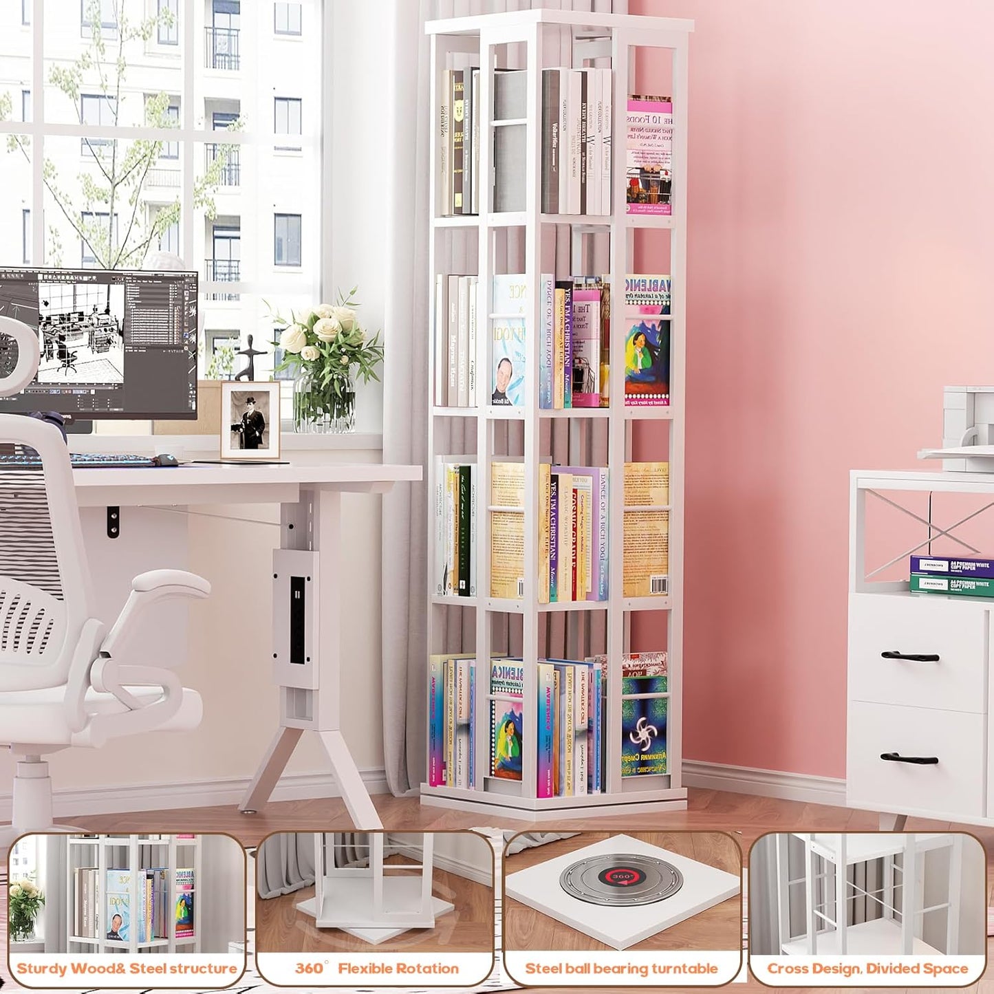 Aheaplus Rotating Bookshelf, 4-Tier Corner Bookshelf, 360 Display Wood Spinning Bookshelf, Floor Standing Bookcase Narrow Shelf Revolving Organizer Storage Rack for Small Space, Study Room, White