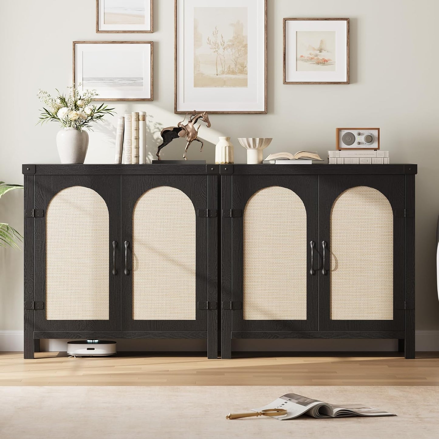 Garvee 31.5'' Small Rattan Buffet Cabinet with Storage, Kitchen Coffee Bar Cabinet with Doors, Boho Farmhouse Sideboard with Adjustable Shelves and Handle for Kitchen, Living Room, Black