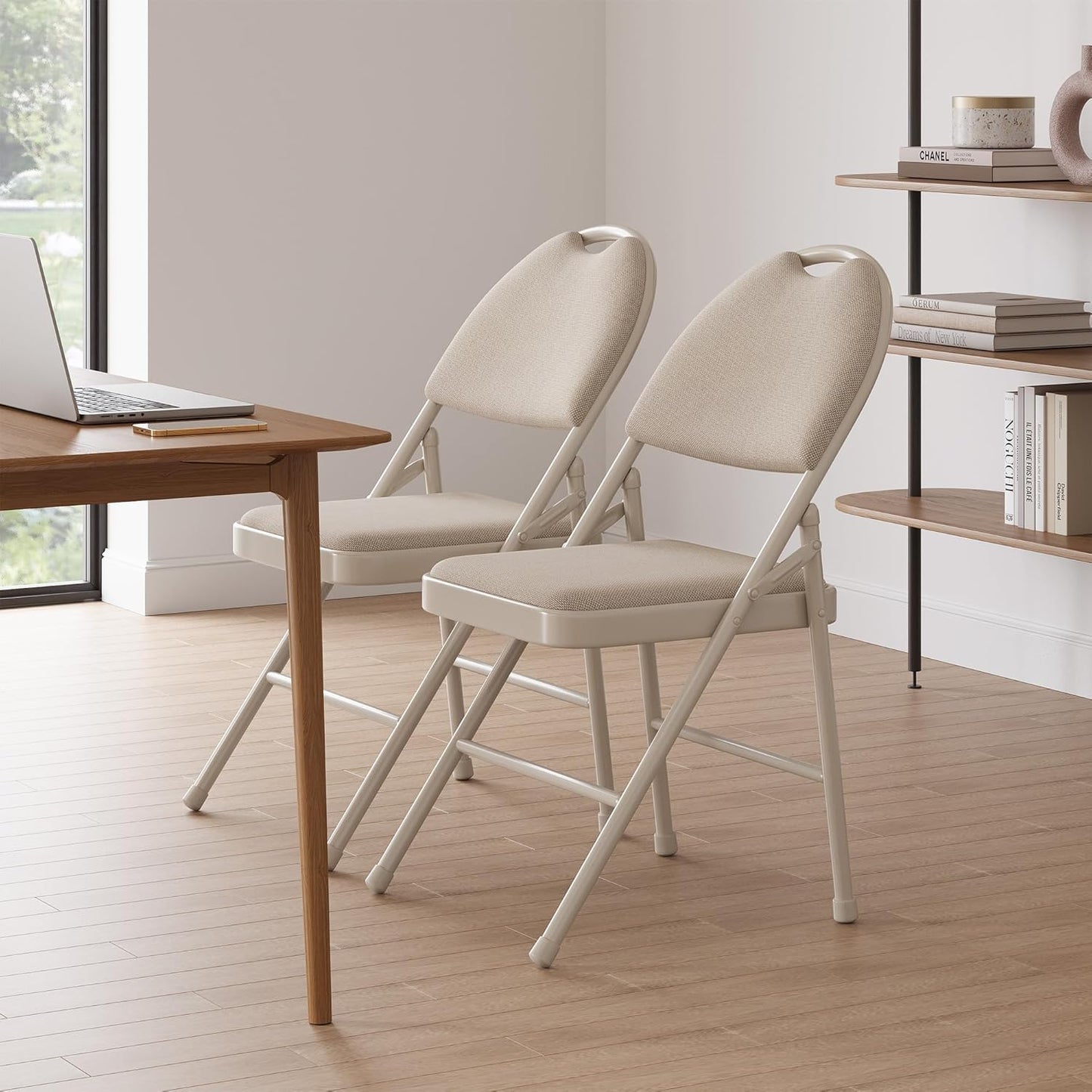 GarveeHome 4 Pack Folding Chairs with Fabric Padded, Metal Foldable Chair Linen Cushion and Back for Indoor Outdoor, Commercial Stackable Guest Chairs for Camping, Dining Room, Office, Wedding, Beige