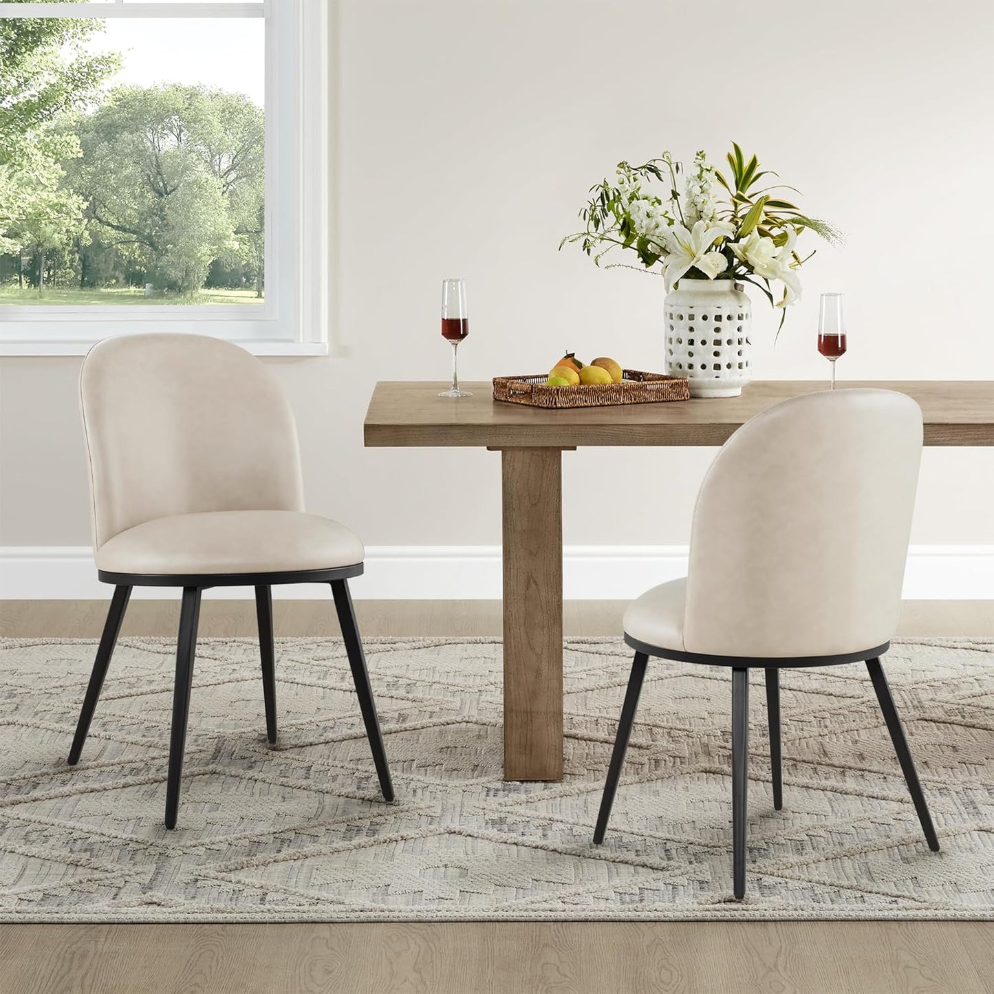 Dining Chairs Set of 4, Faux Leather Upholstered Dining Room Chairs with Ergonomic Backrest & Metal Legs, Modern Kitchen Side Chairs for Home, Restaurant, and Café, Beige, 2 Boxs