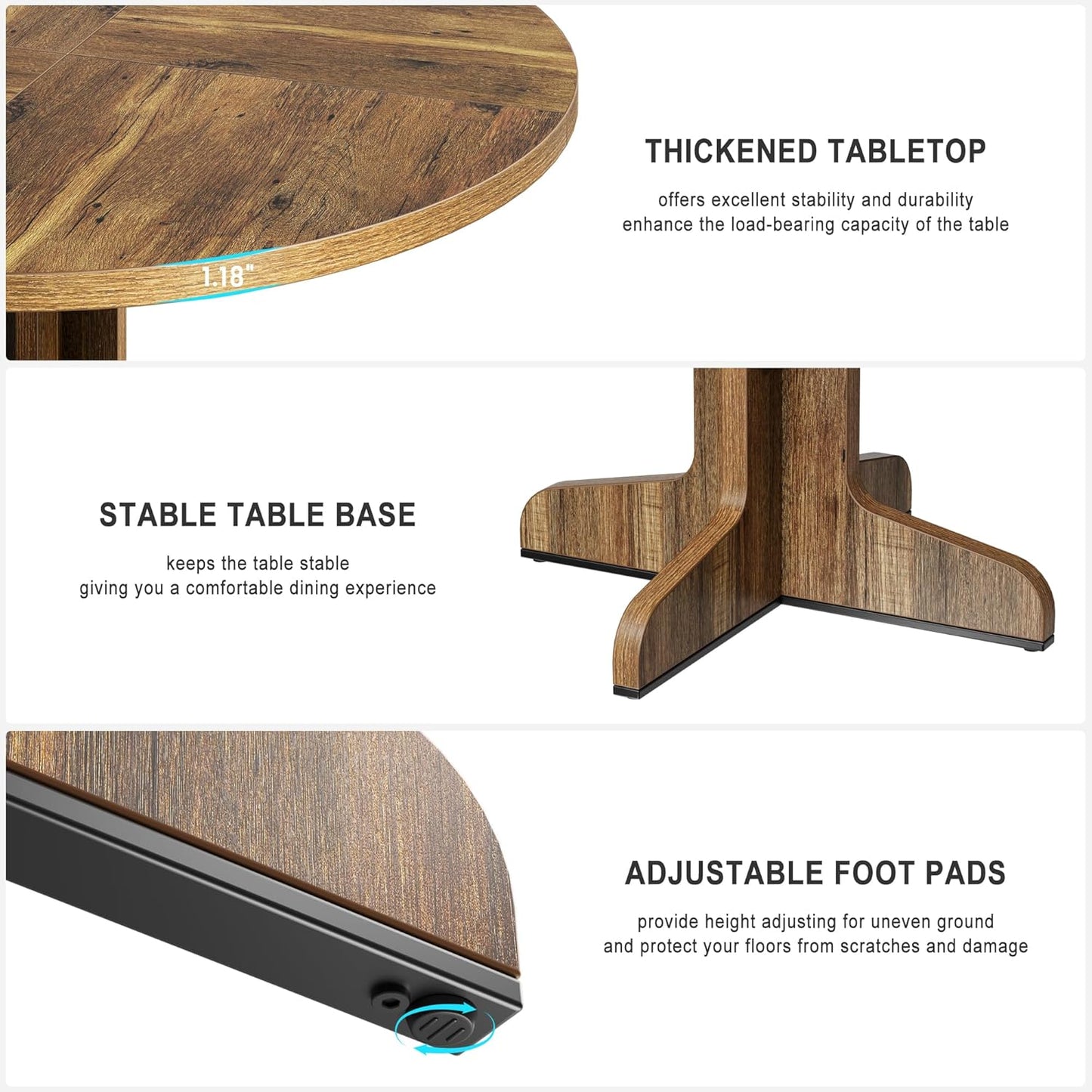 GarveeHome Round Dining Table for 4, 47 Inch Farmhouse Circle Kitchen Table with Wood Tabletop and Stable Base, for Home Dining Room Living Room, Brown (Only Table)