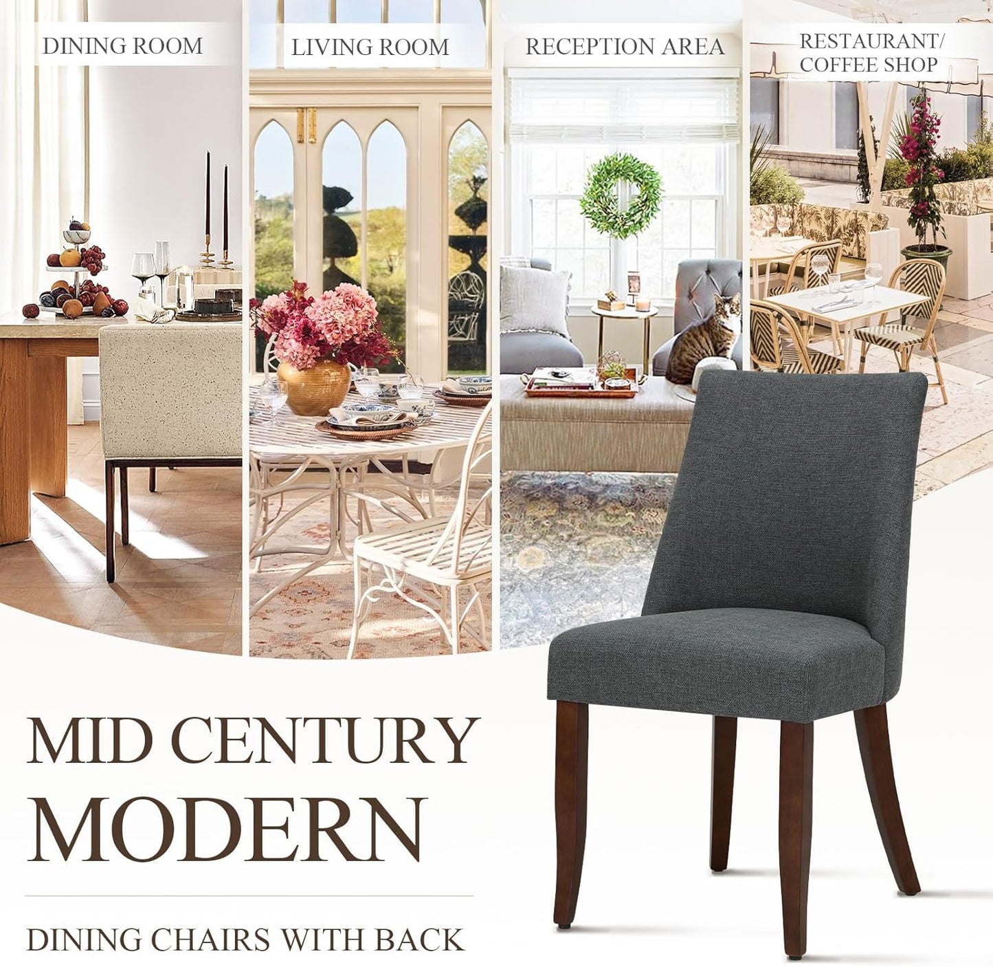 COLAMY Upholstered Dining Chairs Set of 6, Mid Century Modern Kitchen Chairs with Back, Farmhouse Fabric Side Dining Room Chairs with Wood Legs for Dining Room Restaurant, Dark Grey