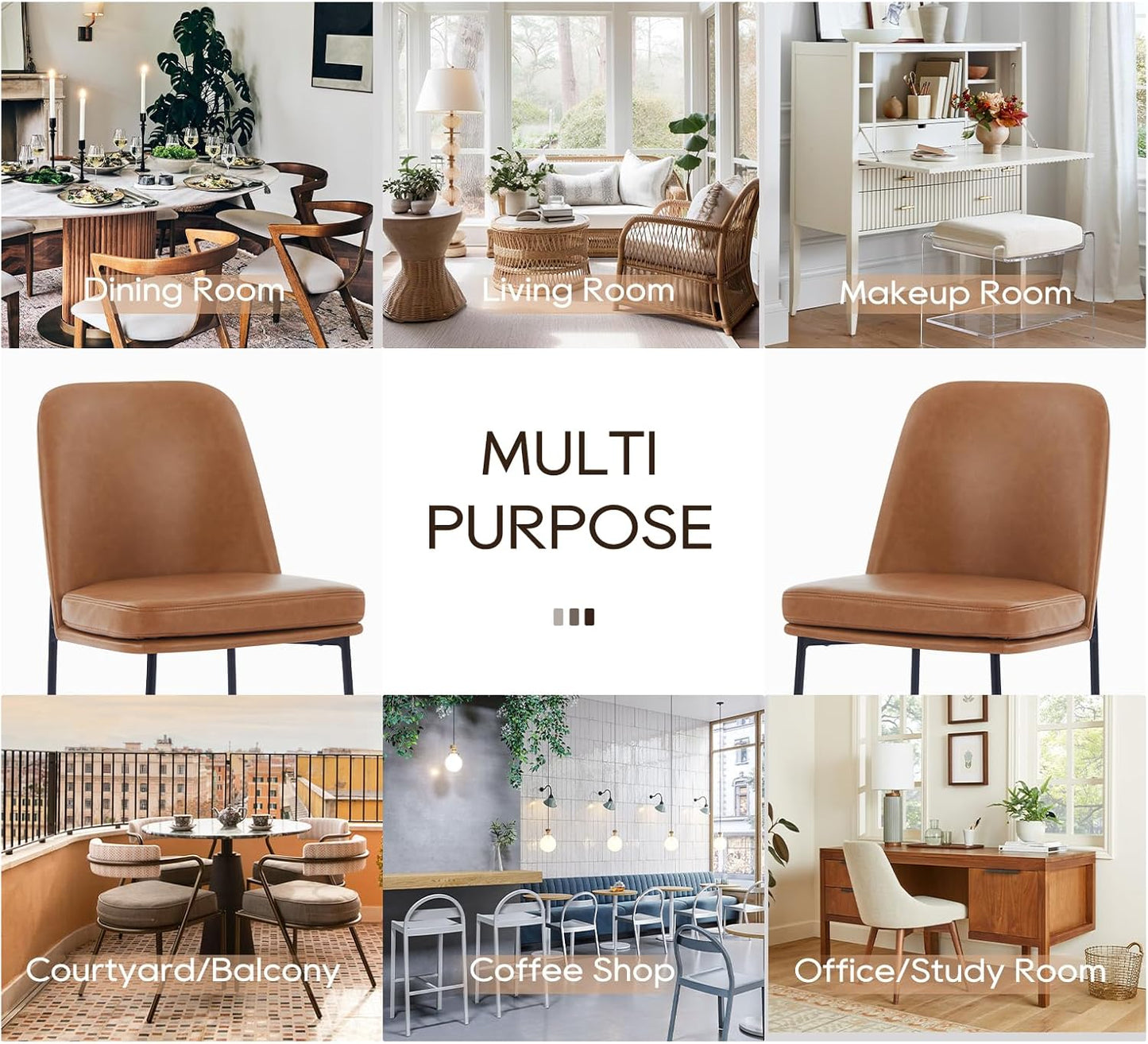 COLAMY Modern Dining Chairs Set of 4, Faux Leather Upholstered Kitchen Chairs with Curved Back & Metal Legs, Mid-Century Dining Room Chair (Brown)