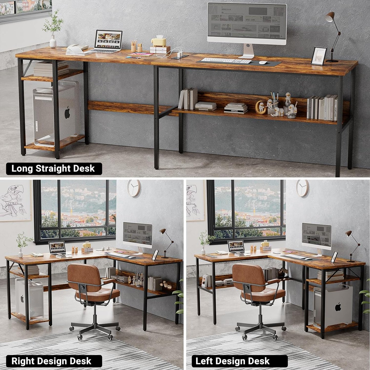 Unikito L Shaped Computer Desk with Magic Power Outlets and USB Charging Ports, Sturdy Reversible Corner Desk with Storage Shelves, Modern Work Desk for Home Office, Easy to Assemble, Rustic Brown