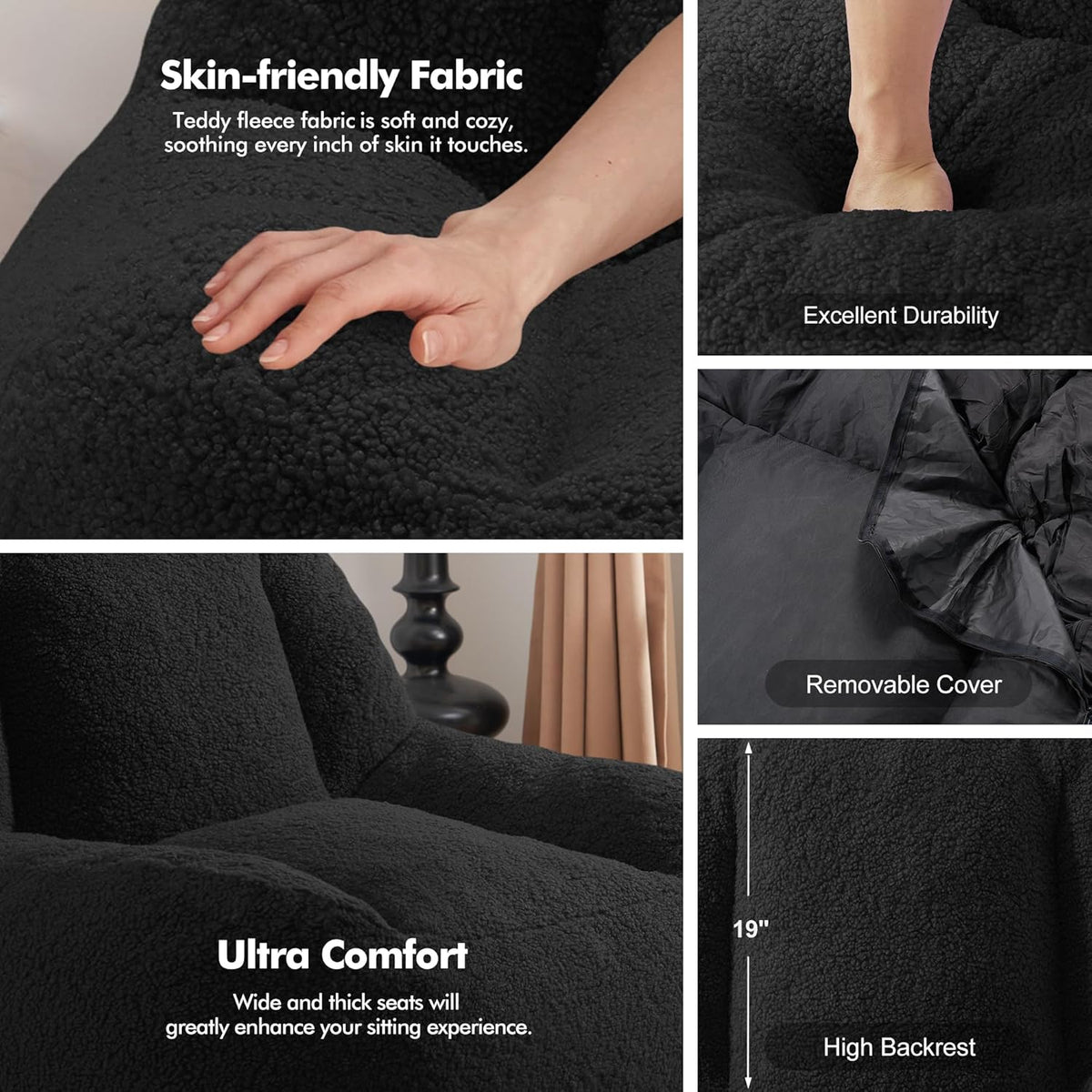Homguava Bean Bag Chairs for Adults,Giant Beanbag Couch Adult Bean Bag Chair with Filler Included,Modern Lazy Sofa Comfy Chair for Living Room(Black)