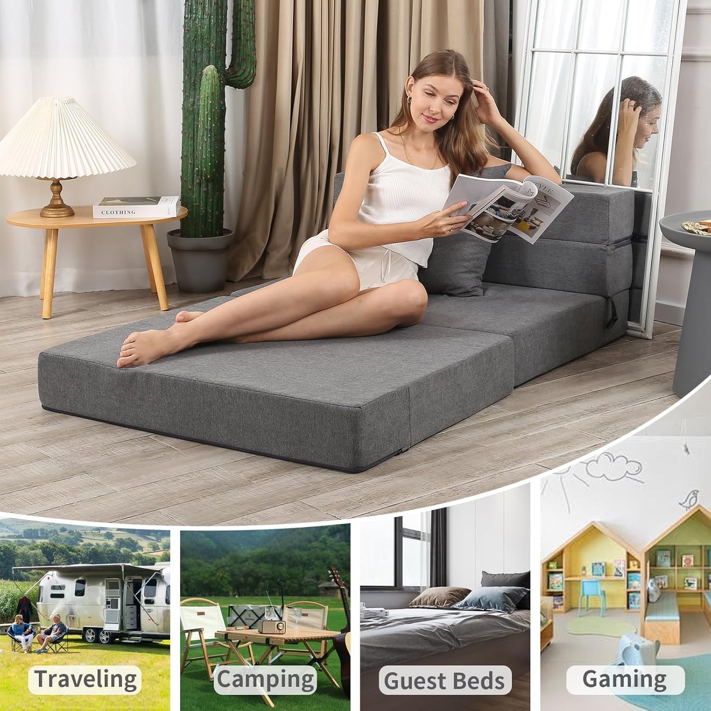 Futon Sofa Bed, High-Density Memory Foam Couch with Fluffy Pillow, Folding Floor Guest Bed, Twin Size, Dark Grey