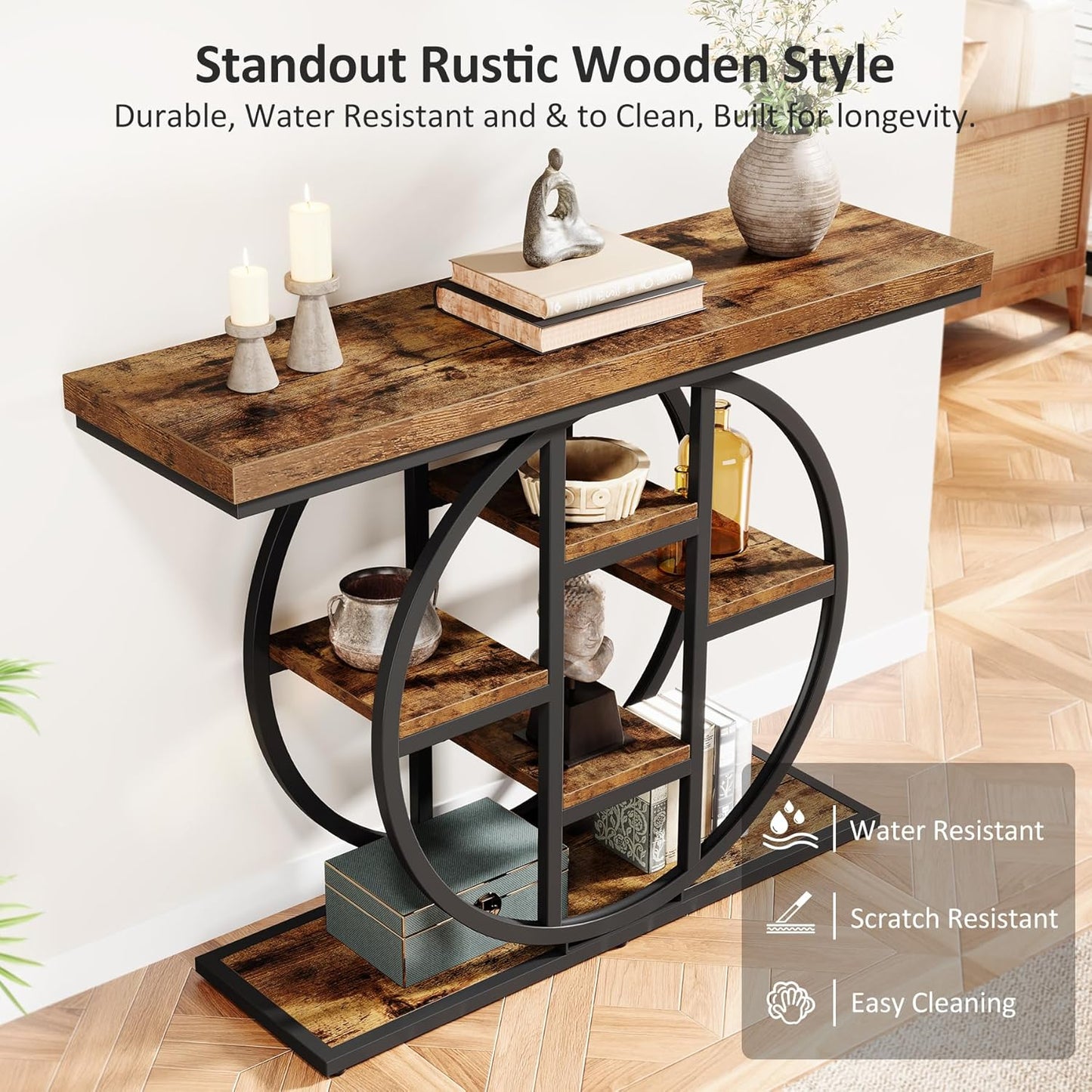 41" Console Table for Entryway, 4-Tier Industrial Narrow Wood Sofa Accent Tables with Circle Storage Shelves for Living Room, Hallway, Foyer (Rustic Brown)
