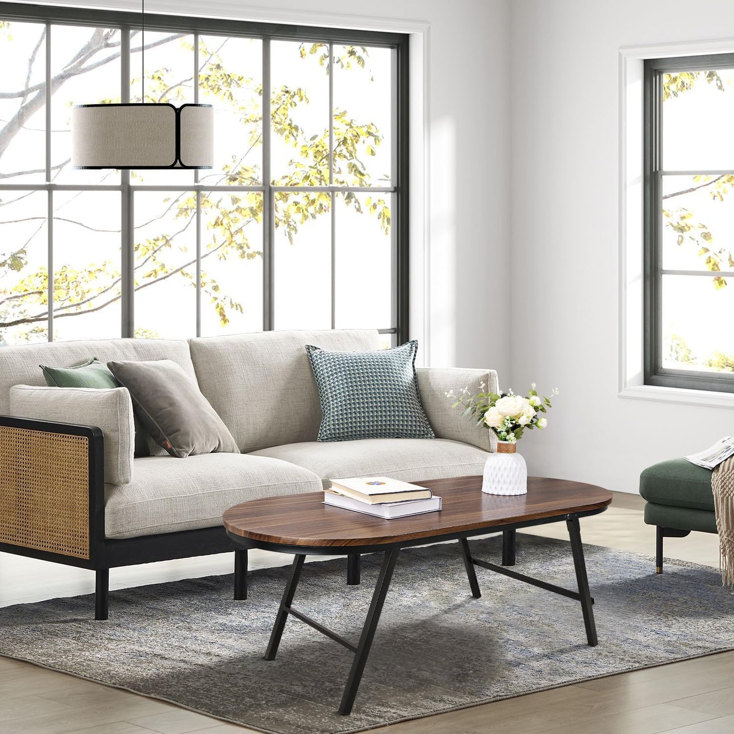 Folding Coffee Table for Small Spaces Wood and Metal Oval Coffee Tables No Assembly Low Coffee Table for Living Room, Home, Office, Rustic Brown