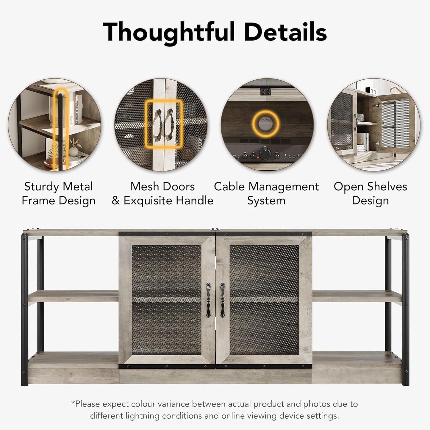 GarveeHome Farmhouse TV Stand for 65/75 Inch TVs, Entertainment Center with Storage Cabinet, 63'' Rustic TV Media Console Table, Furniture for Living Room, Grey