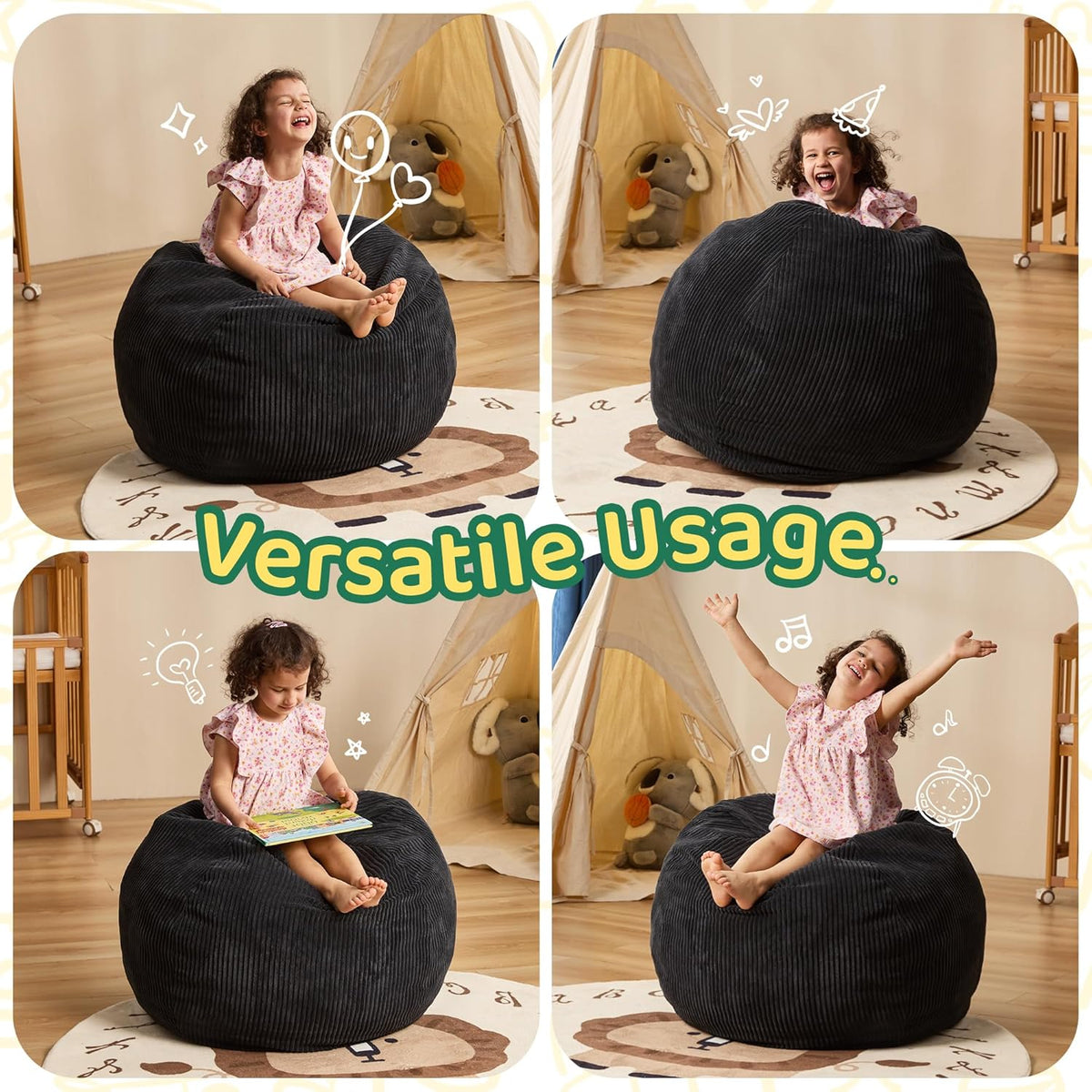 Bean Bag Chairs Teardrop Bean Bag Chair Beanbag Chair with Memory Foam Filled Machine Washable Cover for Living Room, Bedroom (Small,Black)