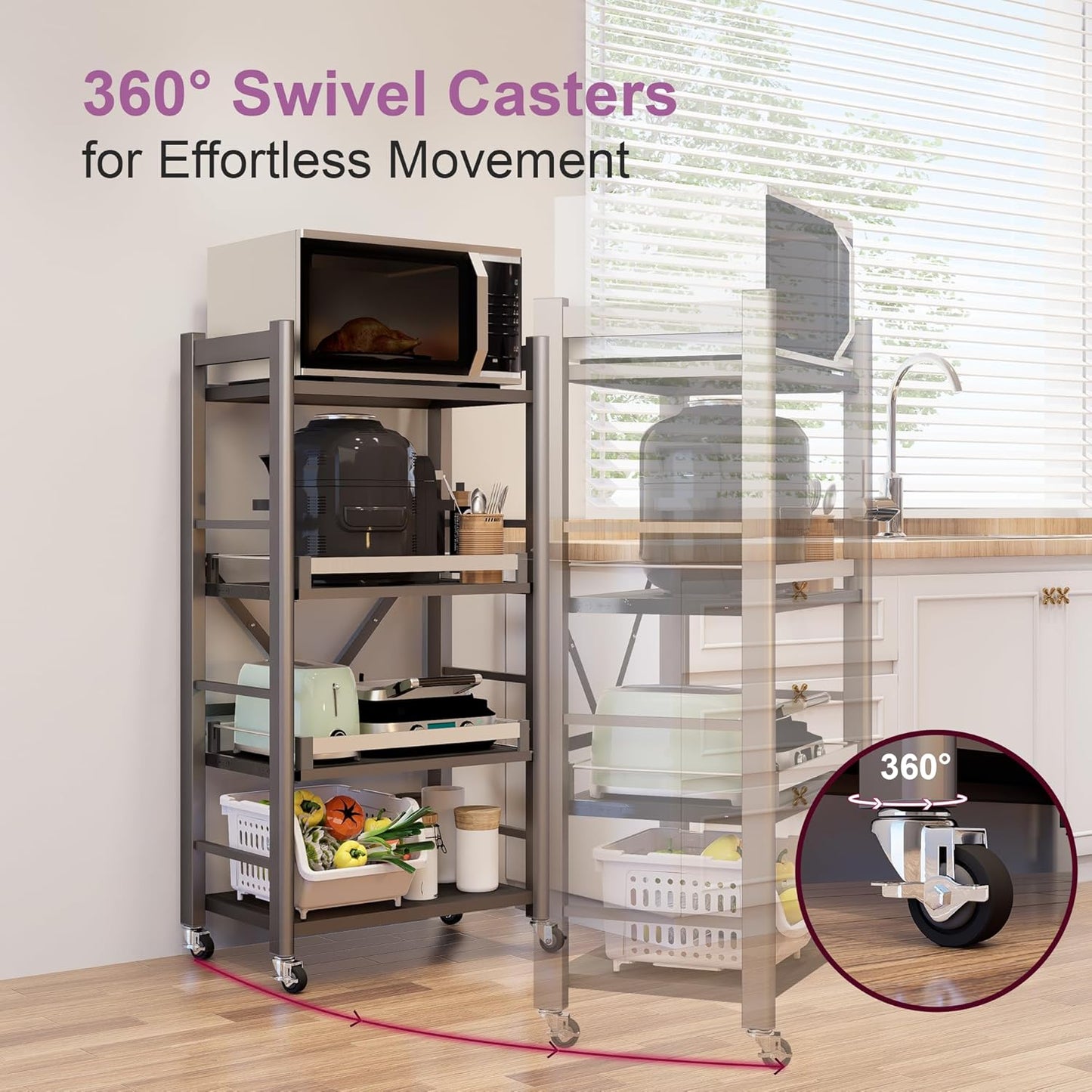 4-Tier Pull Out Kitchen Baker's Rack with Wheels, Heavy Duty Metal Microwave Stand with Storage, Adjustable Ktichen Shelves Freestanding, Rolling Utility Storage Cart (23.6''W x 49.2''H)