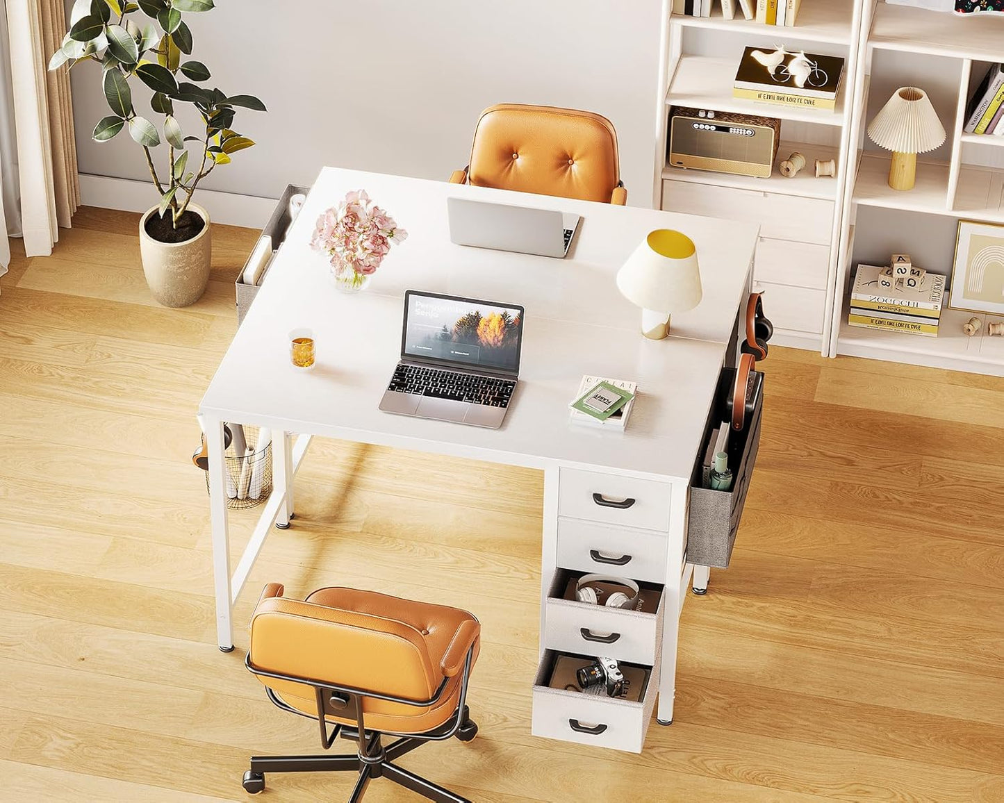 Casaottima 32 inch Small Computer Desk with 4 Fabric Drawers, Side Hook and Cloth Bag, Kids Study Table for Bedroom and Small Space, Pure White