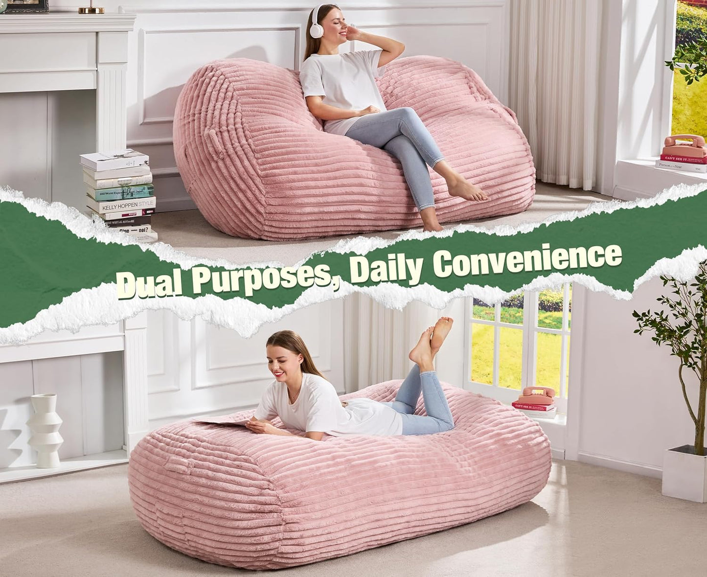 Hobestluk 5FT Bean Bag Chairs Adult Bean Bag with Portable Handle Comfy Large Bean Bag Lounge Chair with Removable Cover for Living Room Bedroom (Stripe Pink, 5FT)