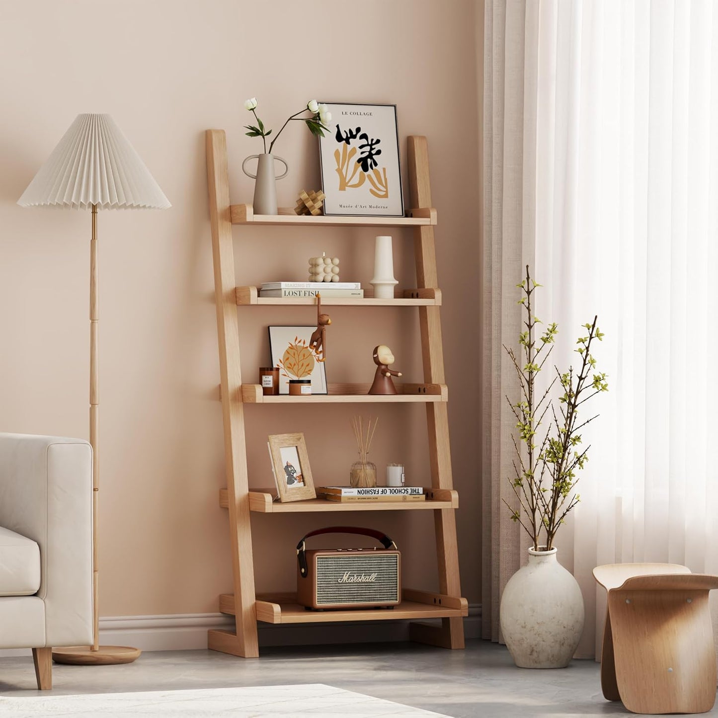 Wooden Ladder Shelf with Edges, 5-Tier Modern Leaning Bookshelf Ladder β Stylish Space-Saving Bookcase for Living Room, Bedroom & Home Office