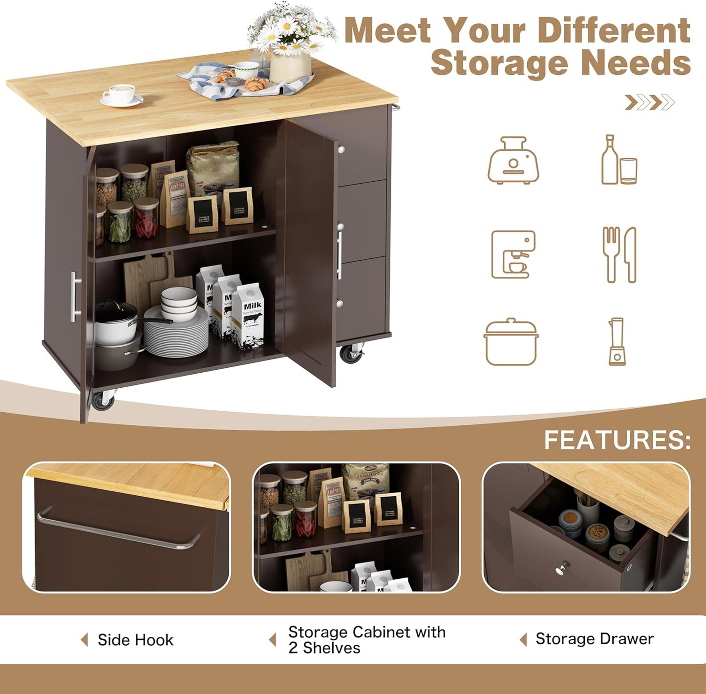 Shintenchi Kitchen Island with Folding Drop Leaf, Rolling Island Table with Storage, Kitchen Cabinet on Wheels with Seating Area for Kitchen, Bar Cart with Cabinet, Brown