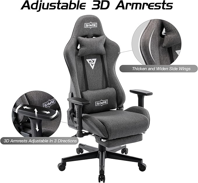 S*MAX Fabric Gaming Chair with Footrest Thicken Seat Ergonomic Gaming Chair with 3D Armrest Breathable Fabric Gamer Chairs for Adults Headrest Lumbar Support Gaming Chairs for Adults Grey