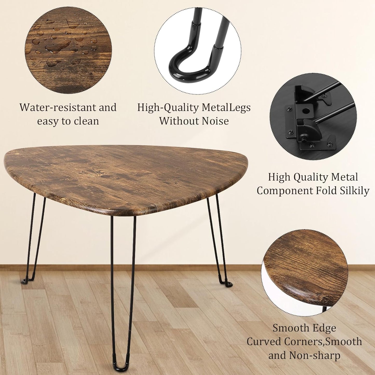 Folding Coffee Table Triangle Designs Oval Coffee Tables Mid Century Wooden Triangular Accent Table with Metal Legs Foldable Industrial Sofa Center Table for Living Room Space Saving