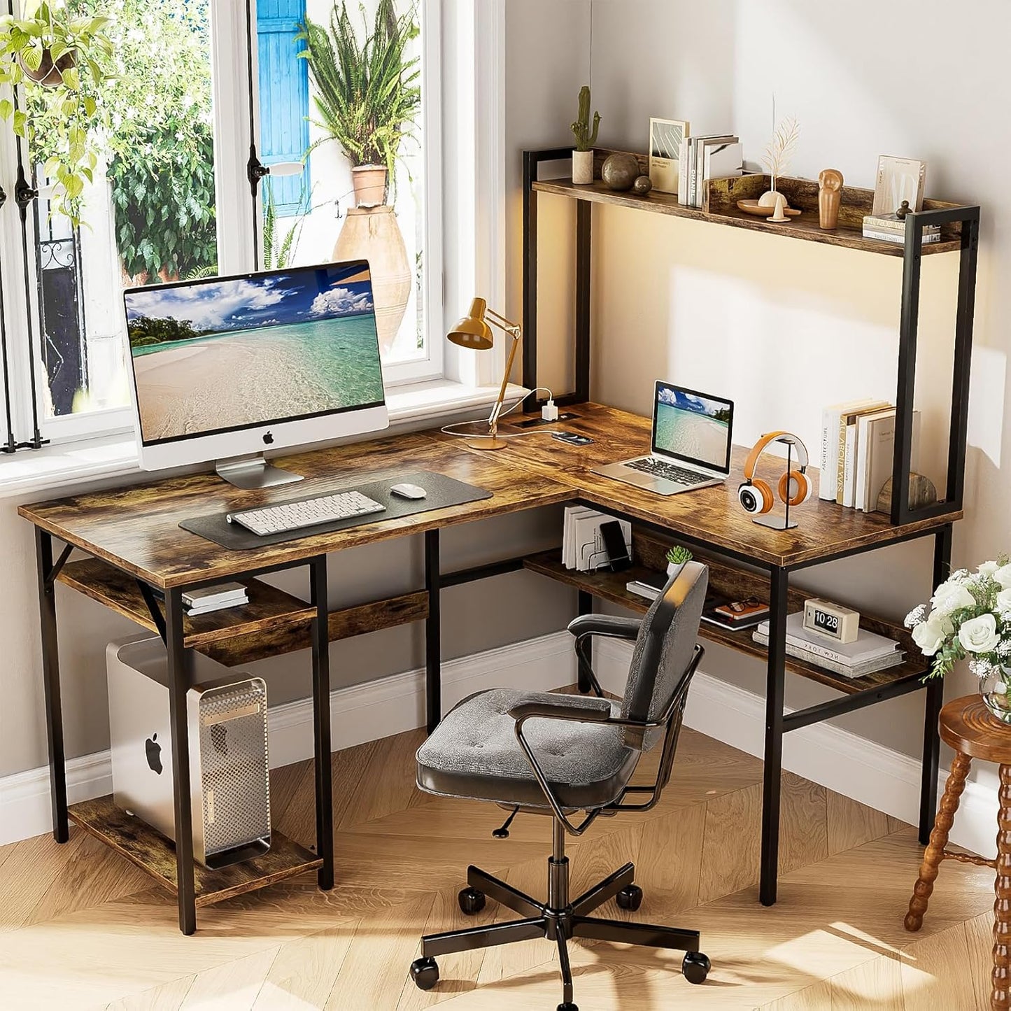 L Shaped Computer Desk with Hutch and Storage Shelves, Gaming Desk with LED Lights, Reversible L-Shaped Desk with Power Outlets, Home Office Desk, Corner Desk, Rustic Brown