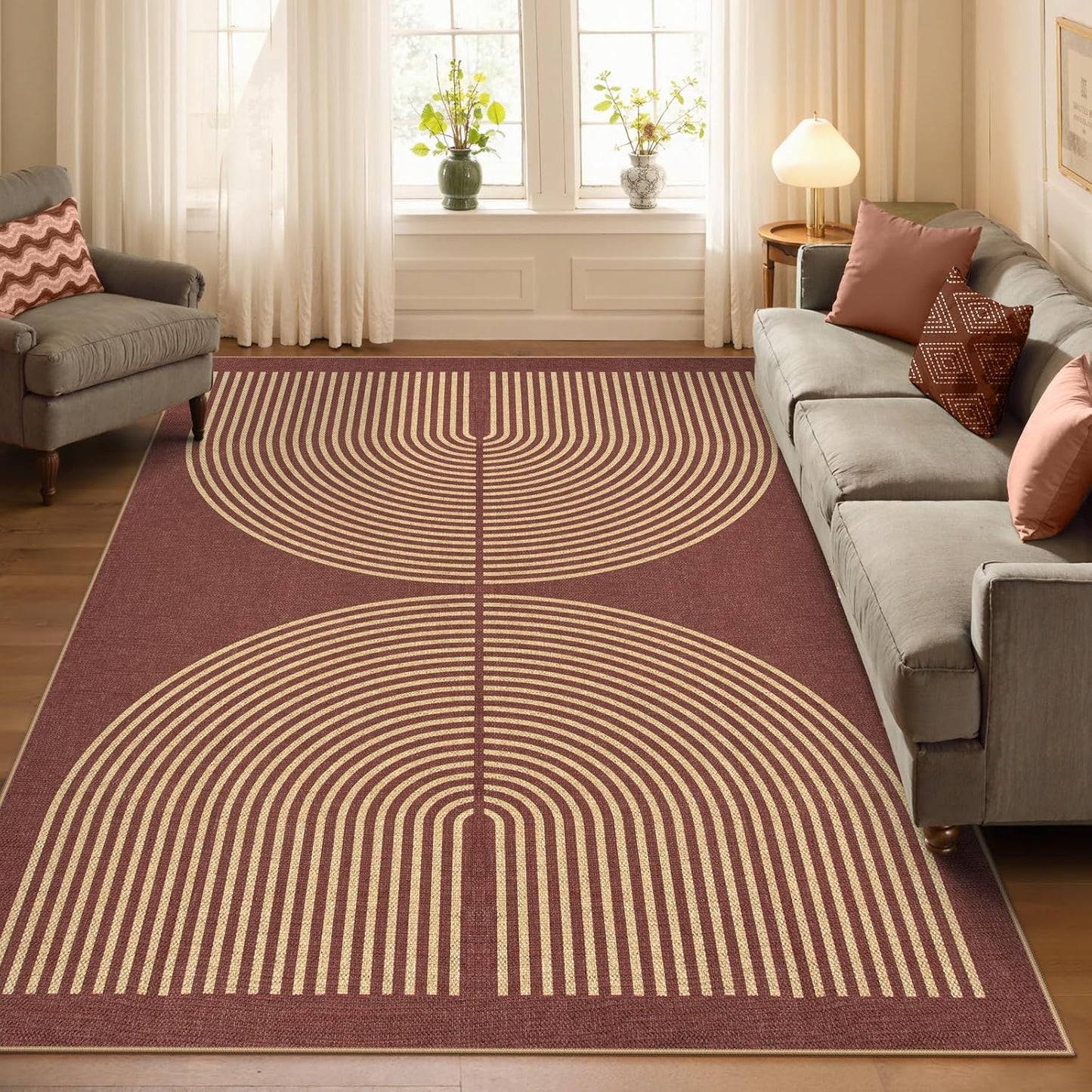 Lahome Modern Rainbow Easy Jute Outdoor Rug 5x7, Stain Resistant Red Dining Room Patio Rug, Farmhouse Non Slip Non Shedding Indoor Outdoor Carpet for Living Room Home Office Bedroom Deck Backyard