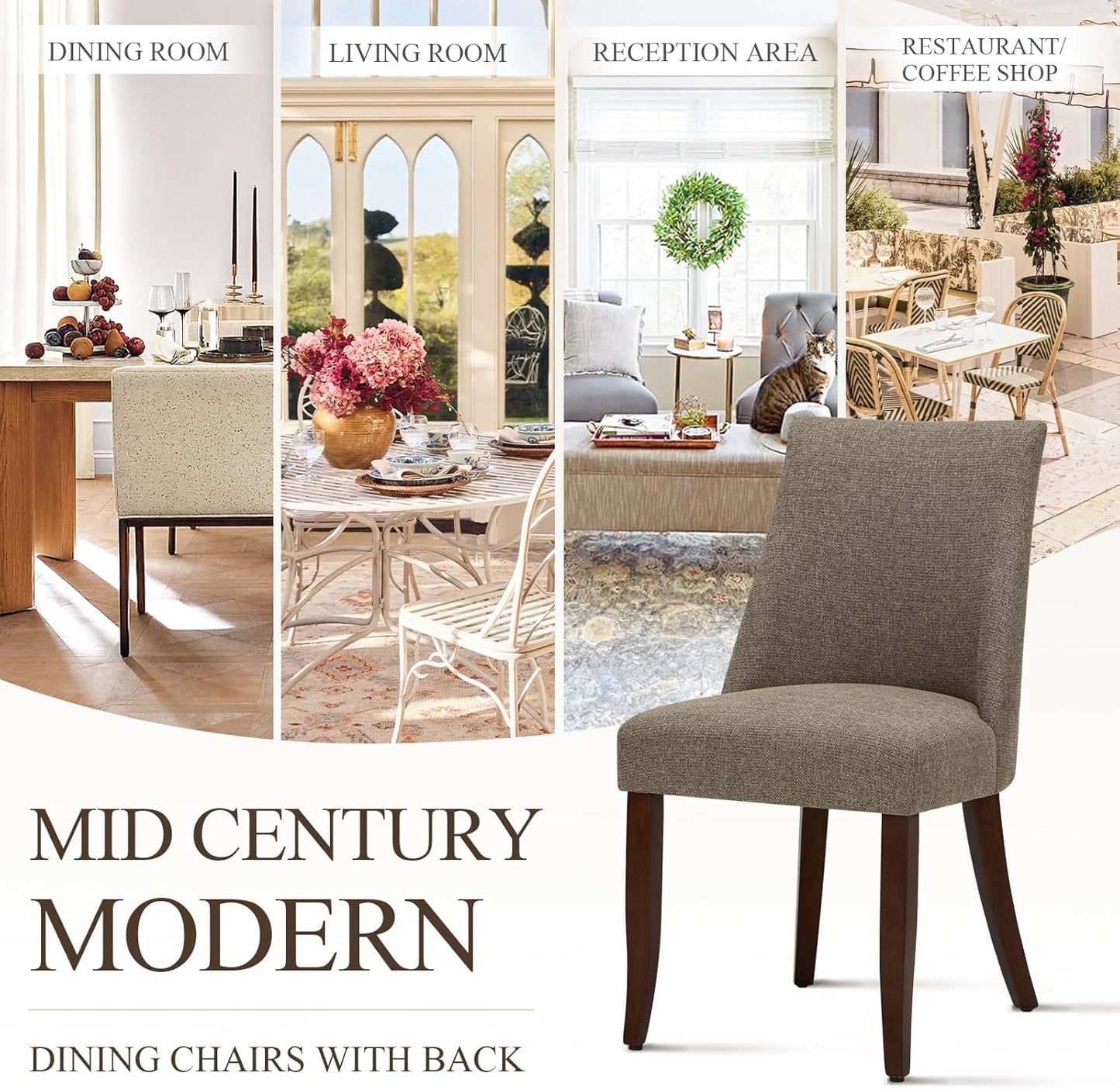 COLAMY Upholstered Dining Chairs Set of 4, Mid Century Modern Kitchen Chairs with Back, Farmhouse Fabric Side Dining Room Chairs with Wood Legs for Dining Room Restaurant, Brown