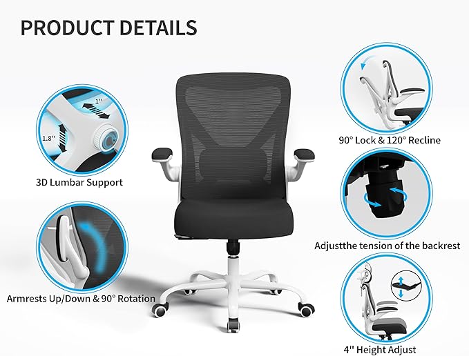 Ergonomic Office Chair - Computer Desk Chairs Comfy, Mesh High-Back Gaming Chair with Adjustable Lumbar Support, Executive Task Chair for Adults, Comfortable for Long Hours (White Black)