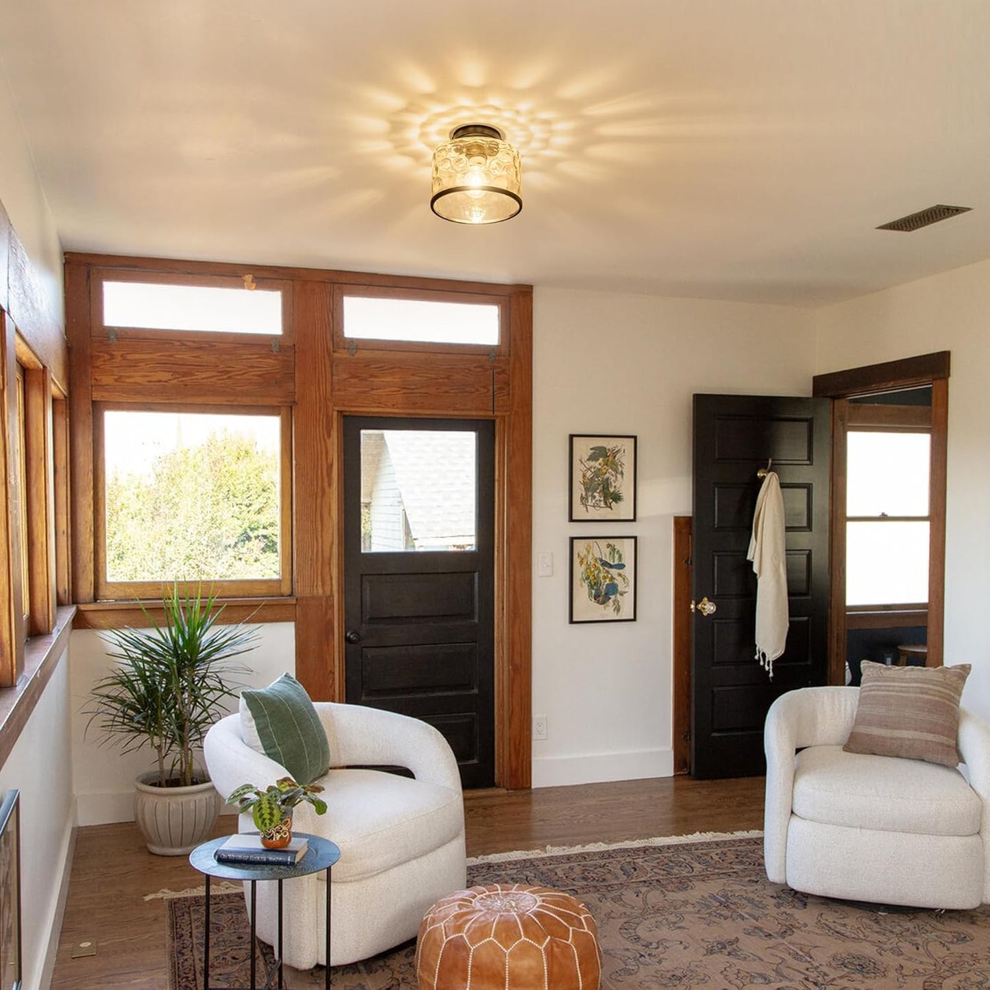 Glass Ceiling Light, Black Semi Flush Mount with Hammered Glass Shade, Farmhouse Light Fixture for Hallway, Bathroom, Entryway, Kitchen,Living Room