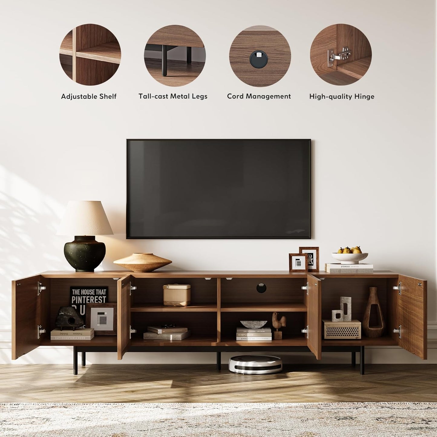 POVISON Full Assembled Mid-Century Modern TV Stand with Slatted Doors, Wood Media Console for 75 Inch TV, TV Console with Tall-cast Metal Legs, Entertainment Center with Storage for Living Room