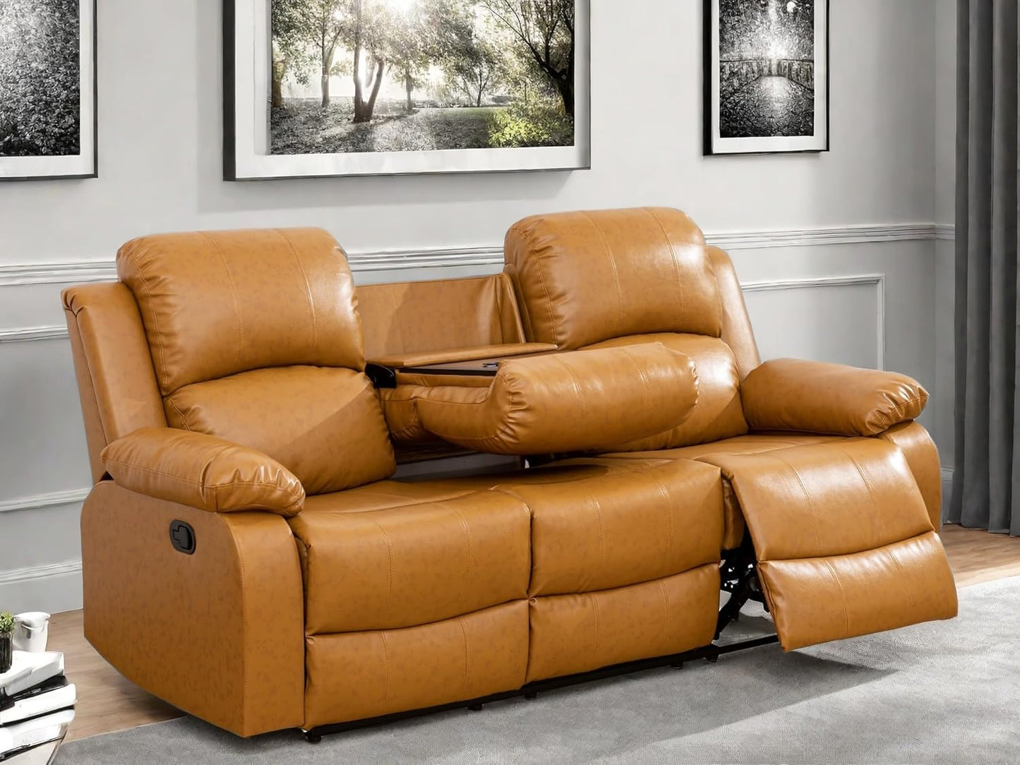 Leather Recliner Sofa Couch, 3-Seater Home Theater Seating Reclining Sofa, Power Reclining Couch with Cup Holders & Drop Down Table for Living Room Furniture Sets, Orange