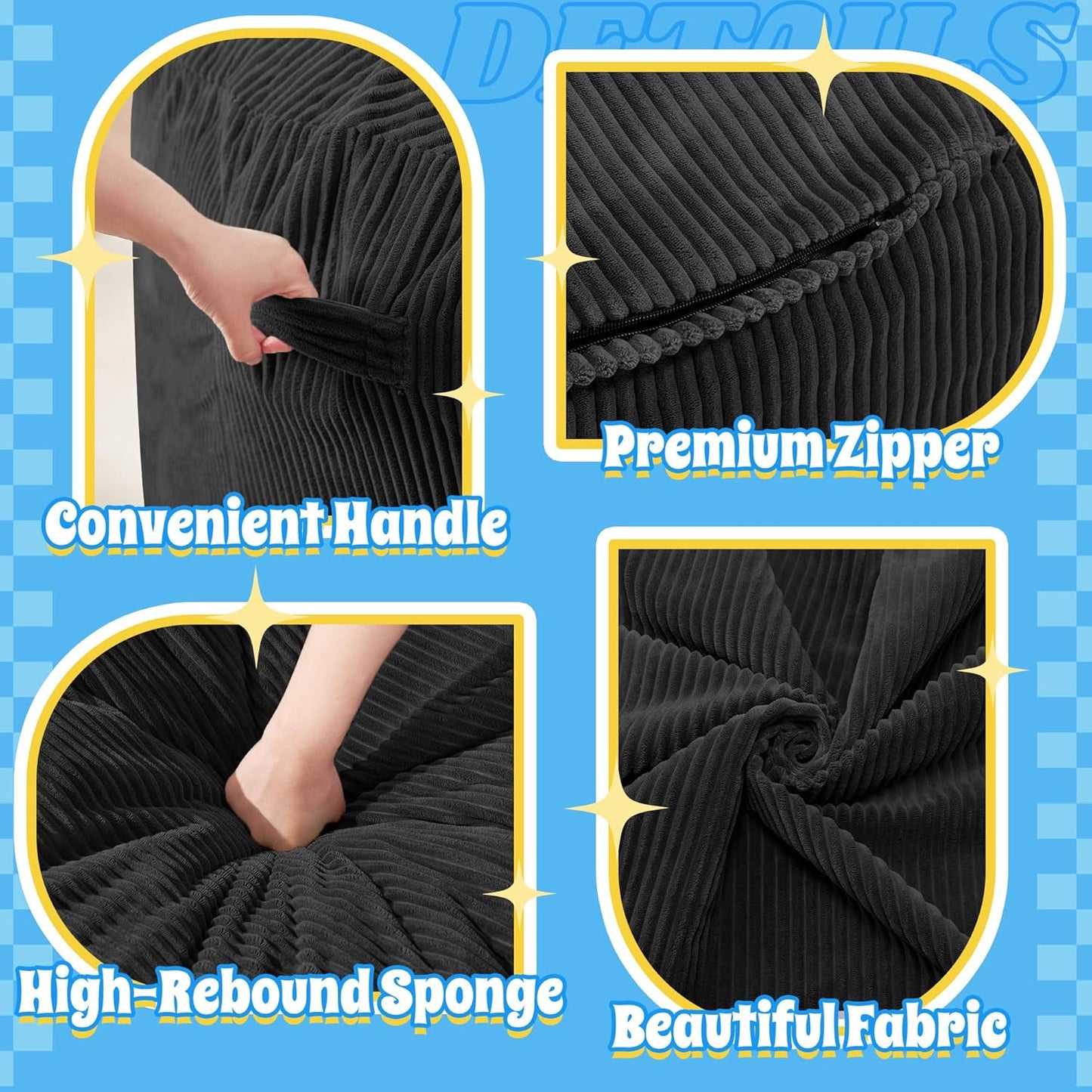 HABUTWAY 5FT Bean Bag Chair,Giant Bean Bag Chairs for Adults,Big Bean Bags with Memory Foam Filled, Large Beanbag Chairs with Soft Corduroy Cover-Black