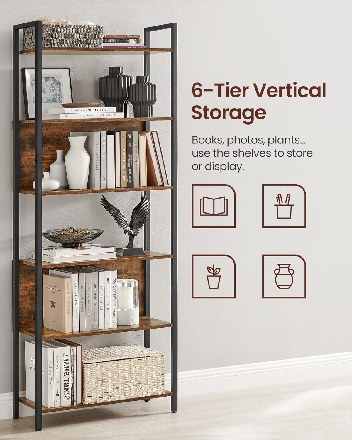 VASAGLE 6-Tier Bookshelf, Book Shelf, Industrial Bookcase, with Steel Frame, for Living Room, Home Office, Bedroom, 9.4 x 23.6 x 73.2 Inches, Rustic Brown and Black ULLS113B01