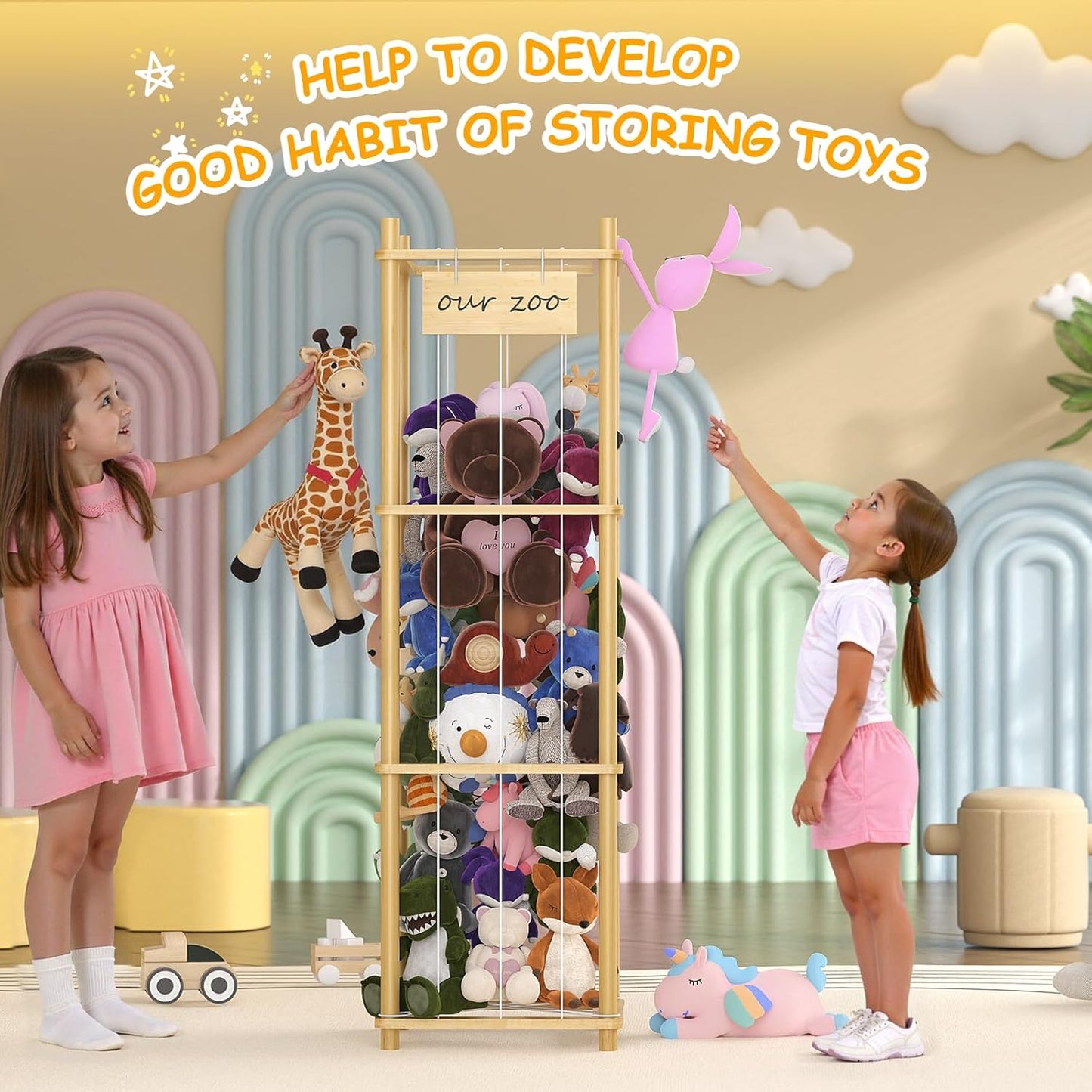 Bamboo Stuffed Animal Storage Zoo, Large Capacity Plush Toy Cage, Wood Stuffed Animals Holder for Toddler Room, Playroom, Bedroom