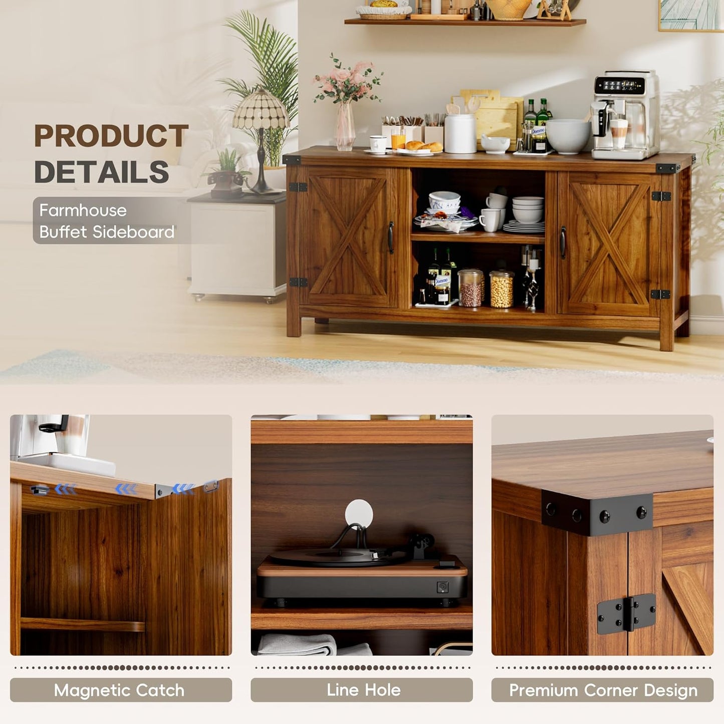 YESHOMY Farmhouse Buffet & Sideboard, 58" Kitchen Storage Cabinet with Adjustable Shelves & Doors, Wood Coffee Bar for Living Room, Entryway, Brown