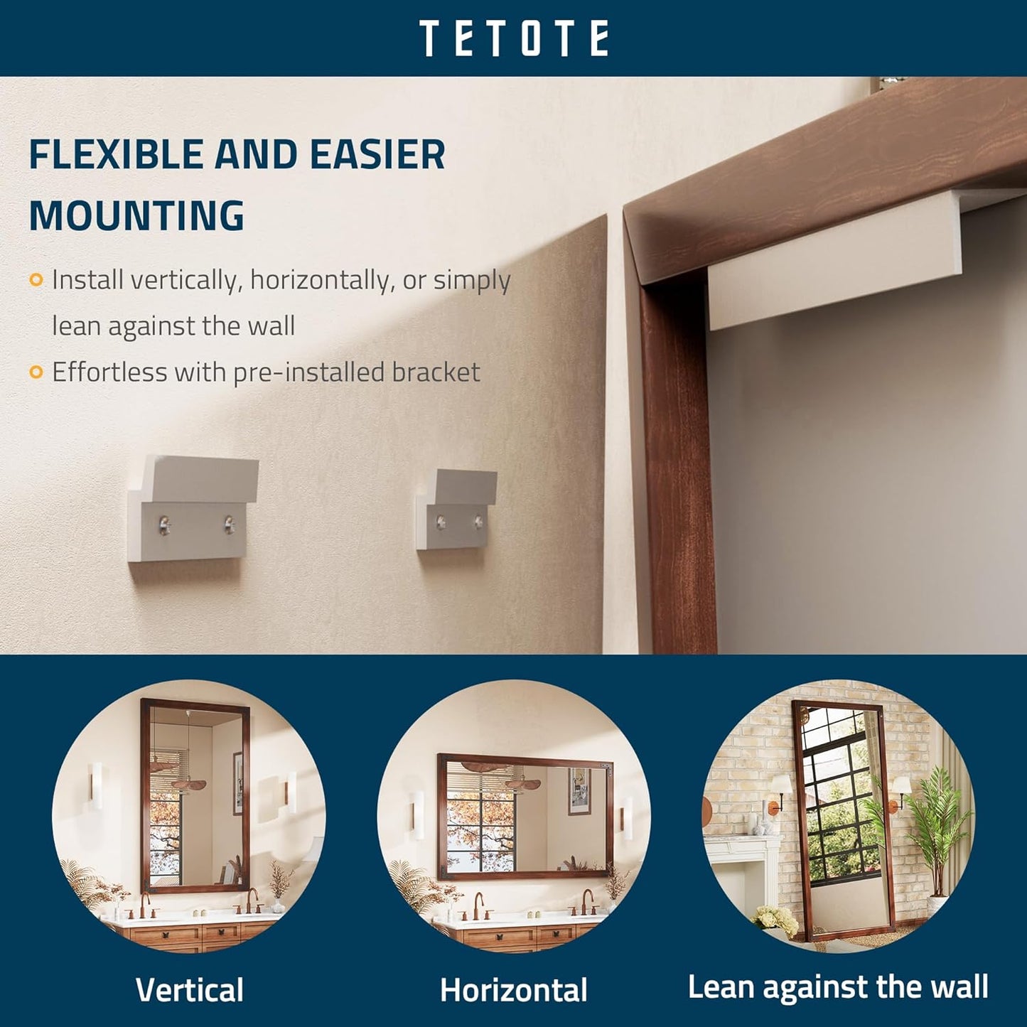 TETOTE 30 x 36 Walnut Wooden Mirror for Bathroom Wall/Bedroom/Living Room/Entryway Farmhouse Rustic Bathroom Vanity Mirror Brown Waterproof (Horizontal/Vertical Mounted)