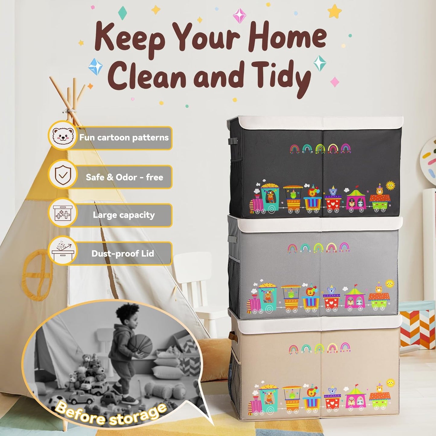 80L Large Toy Storage Box with Lid, Large Toy Box Chest Kids, Girls and Boys, Nursery Room and Living Room, 26"x13" x16" (black-train)