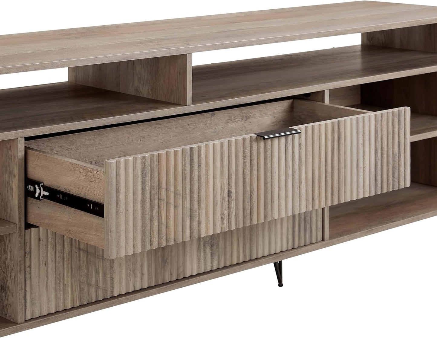 Manhattan Comfort Dumbo Mid Century Modern TV Stand for Televisions up to 80 Inches, Home Entertainment Center with Storage, 6 Shelves, 2 Drawers, No Tool Assembly, 85" Wide, Golden Brown