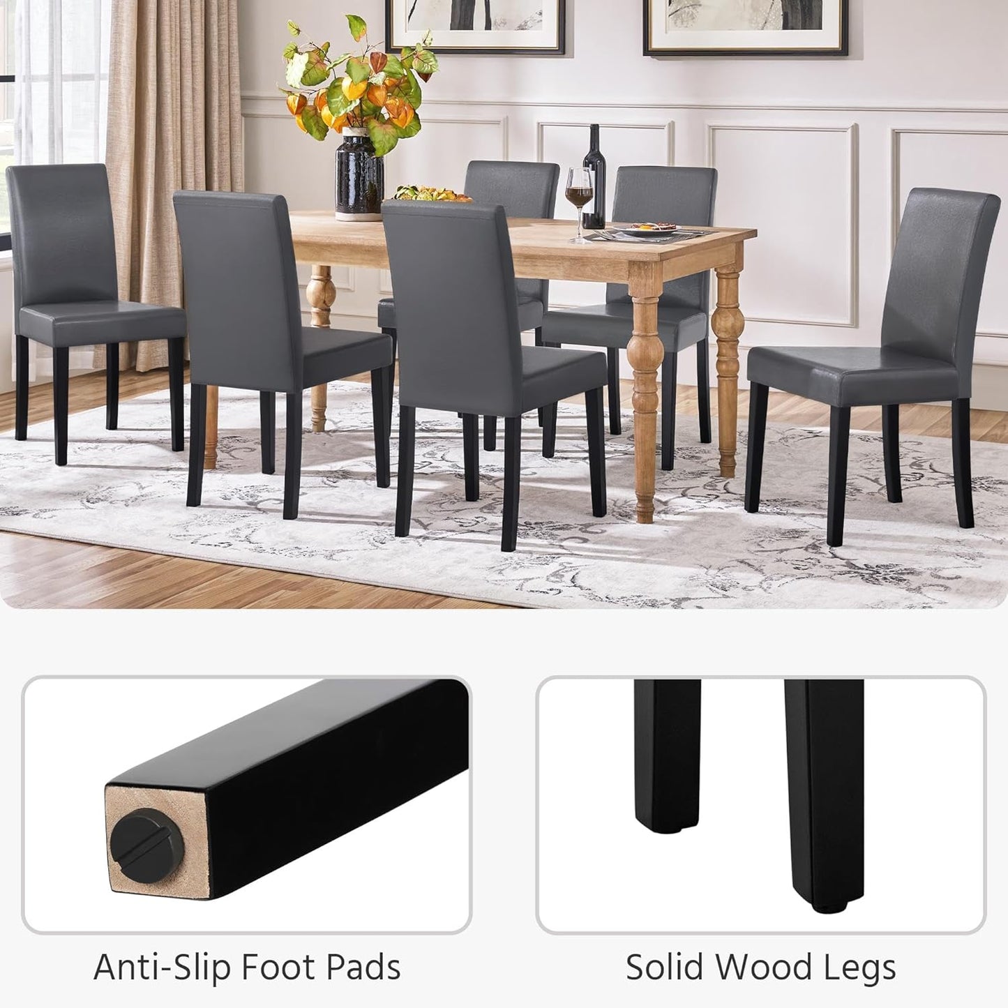 Yaheetech Dining Chairs Set of 2 Faux Leather Modern Dining Room Chairs with Rubberwood Legs and Padded Seat for Kitchen/Living Room/Restaurant, Dark Gray