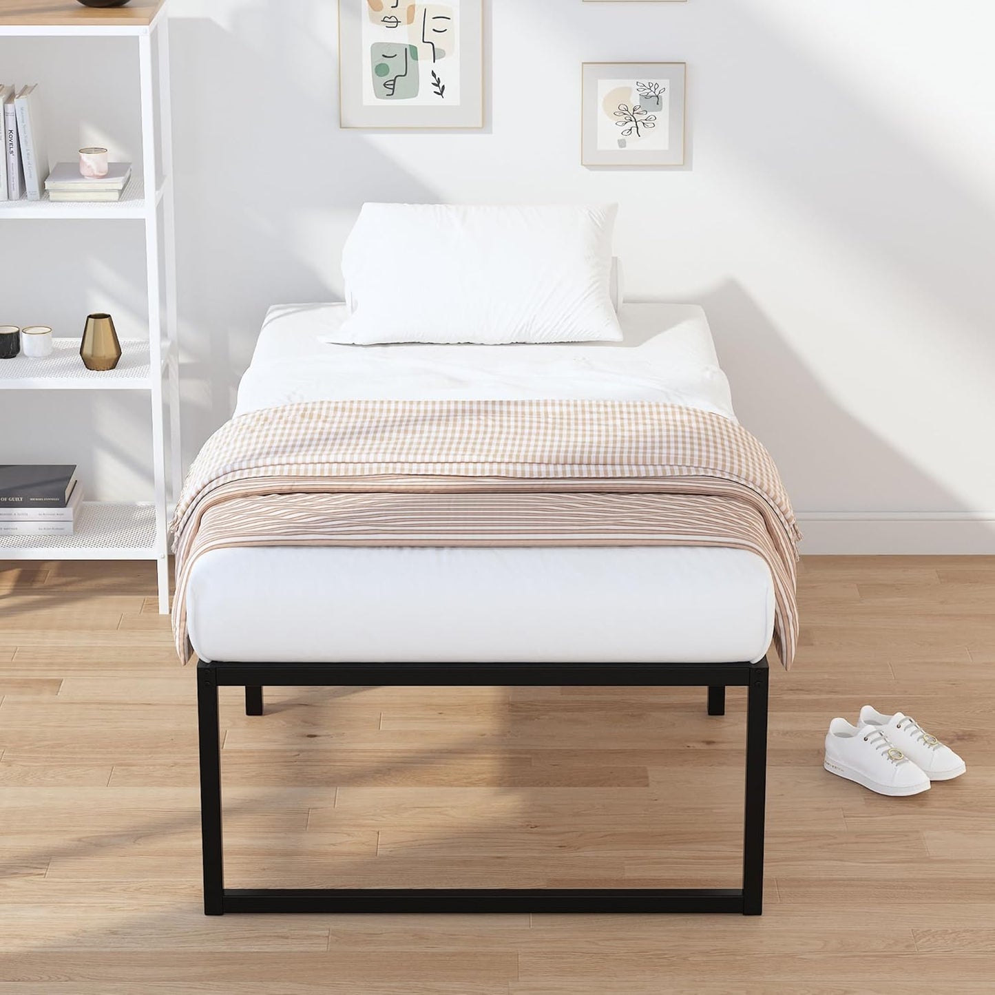 EMODA 16 Inch Narrow Twin Bed Frame 30x75, Heavy Duty Metal Platform No Box Spring Needed, Easy Assembly Noise Free, Black