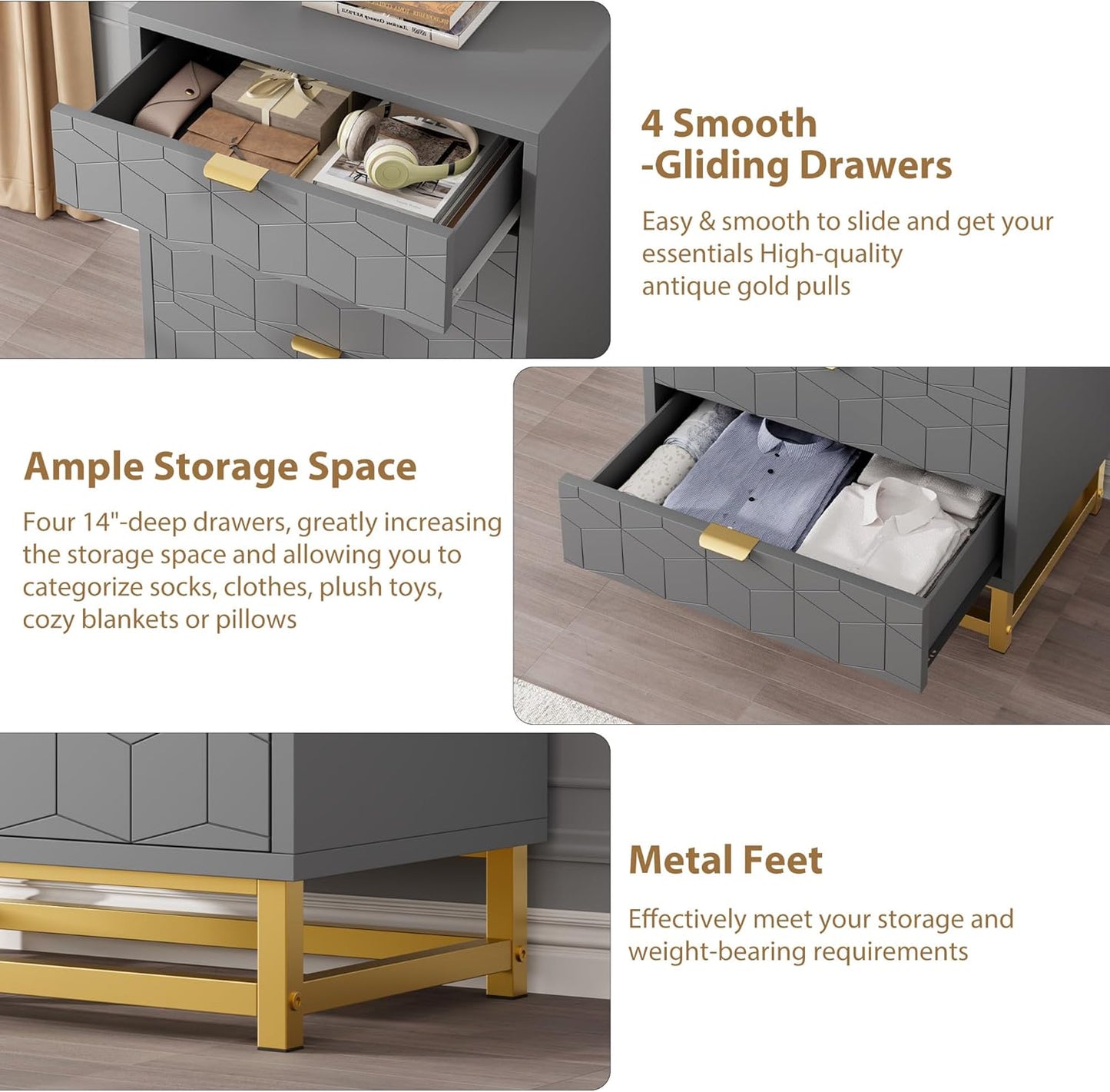 Grey Dresser, 4 Drawer Dresser for Bedroom, Modern Dressers with Gold Metal Handles for Living Room, Hallway, Entryway